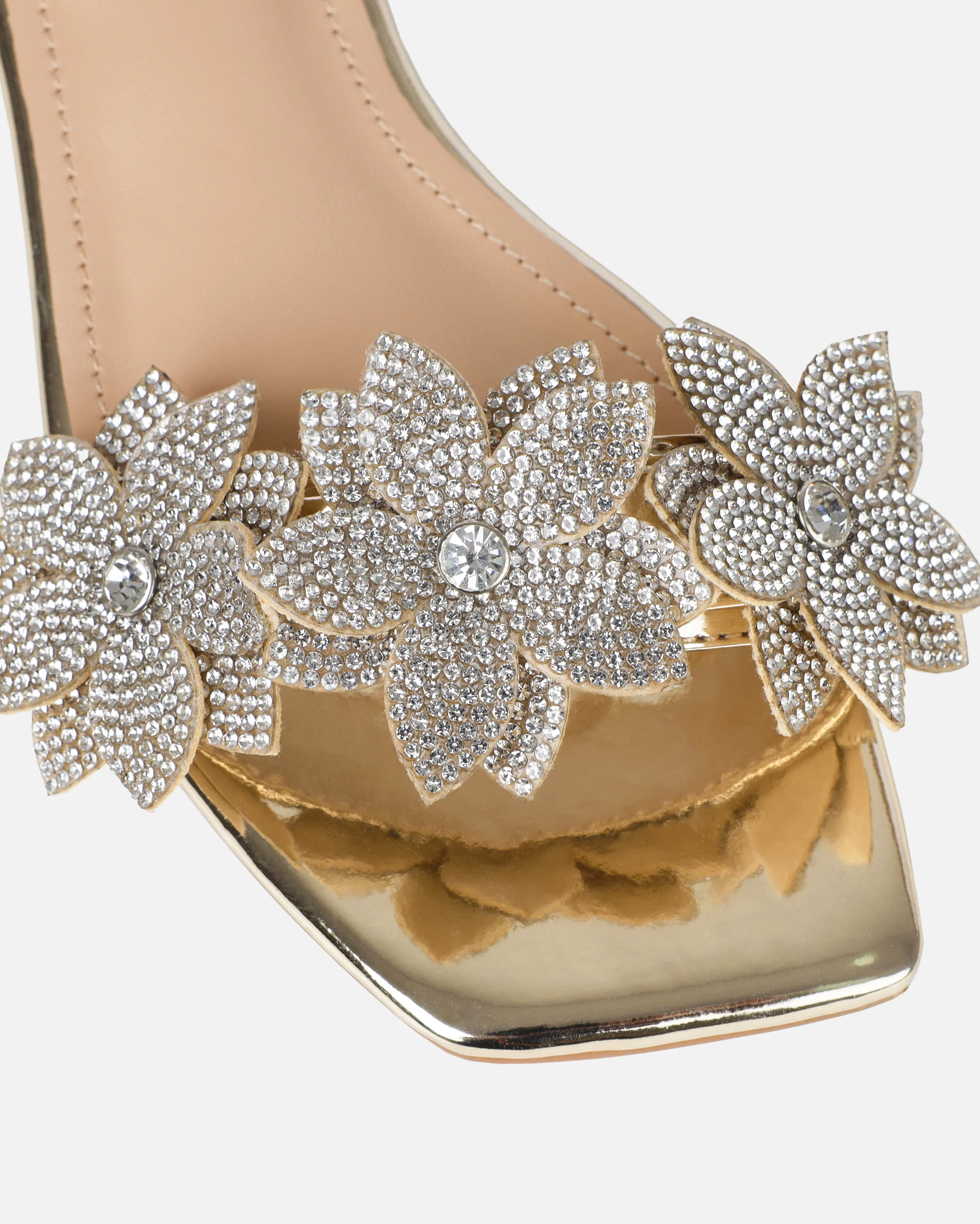 Abbie Gold Mirror Flower Diamante Flat Sandals - Image 4