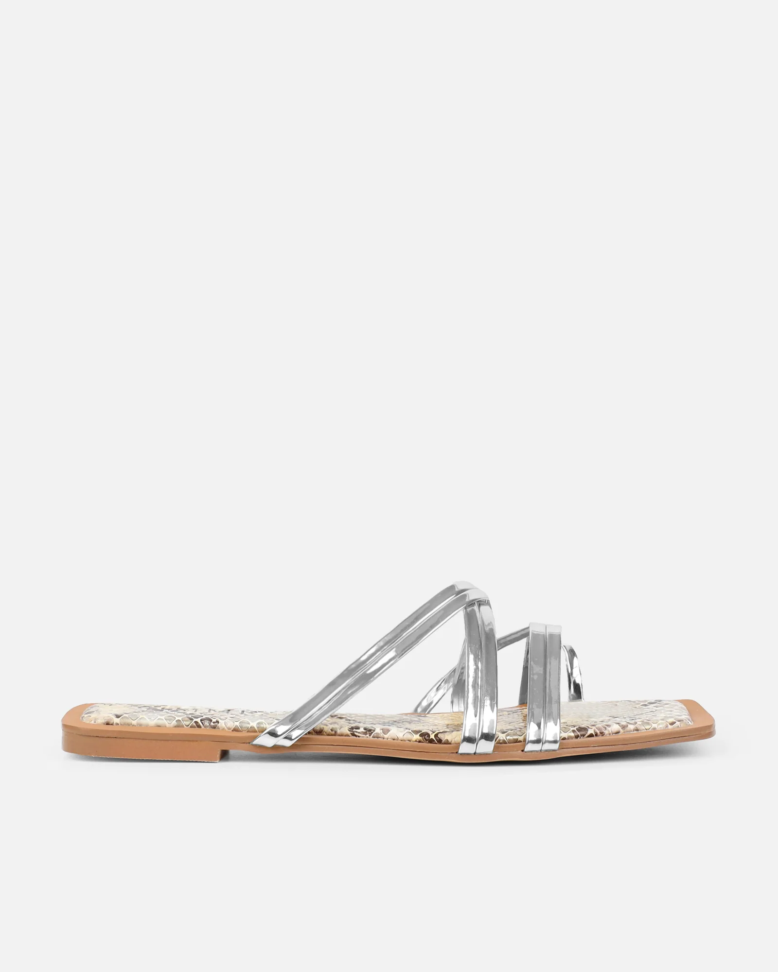 Amethyst Silver Faux Snake Effect Flat Sandals - Image 2