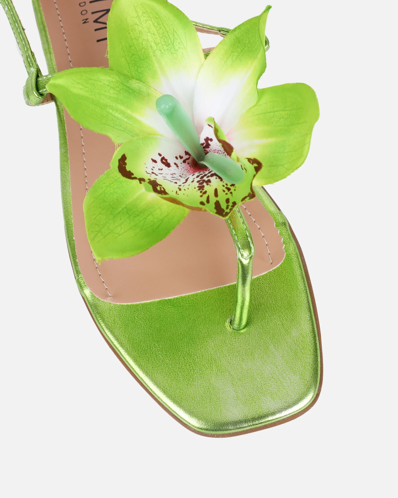 Aoife Green Metallic Flower Detail Sandals - Image 4