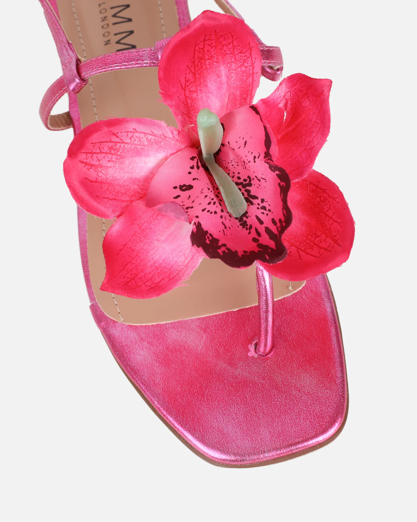 Aoife Pink Metallic Flower Detail Flat Sandals - Image 4