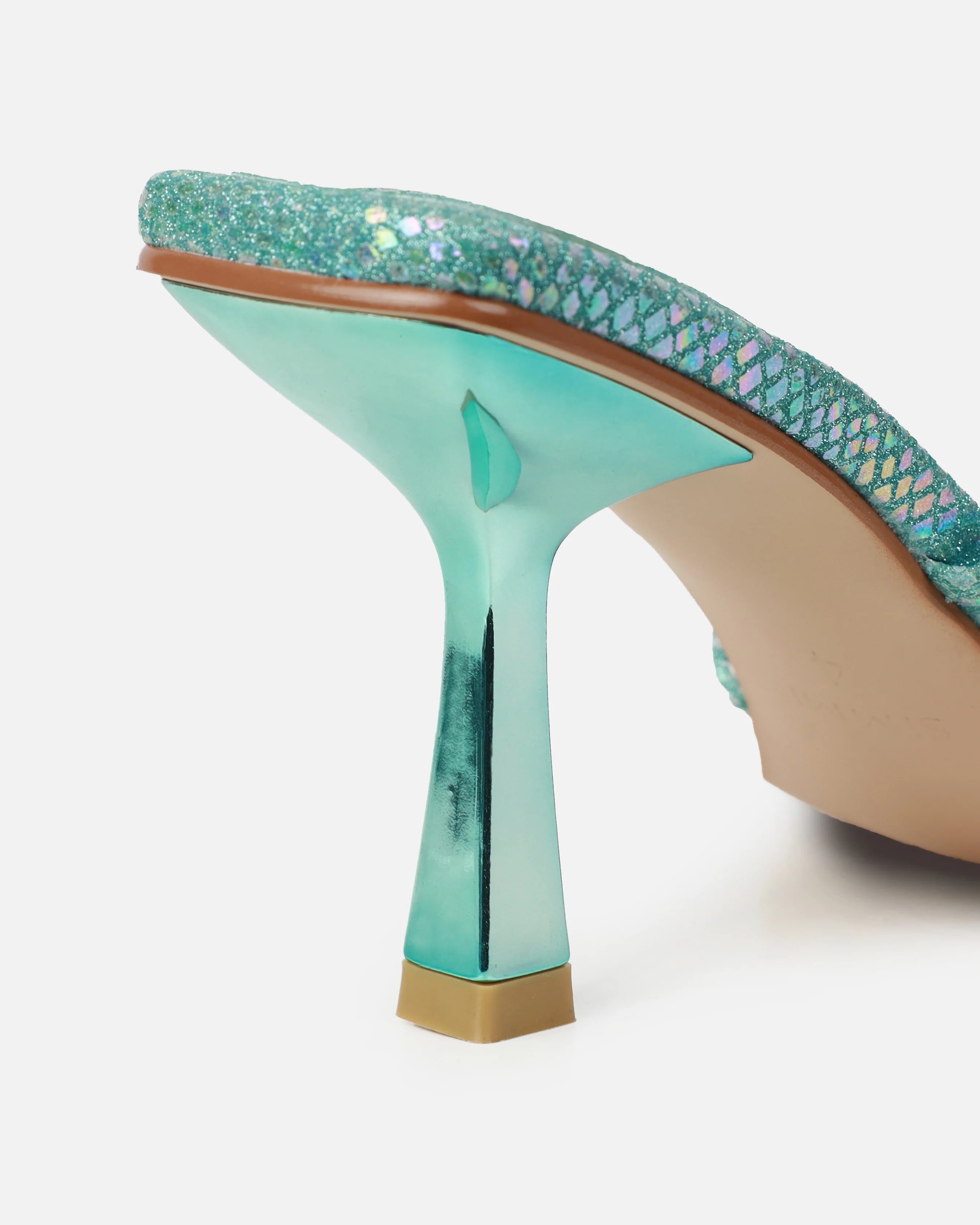 Apollo Blue Shimmer Faux Snake Strappy Mid Heel Mules - Image 3