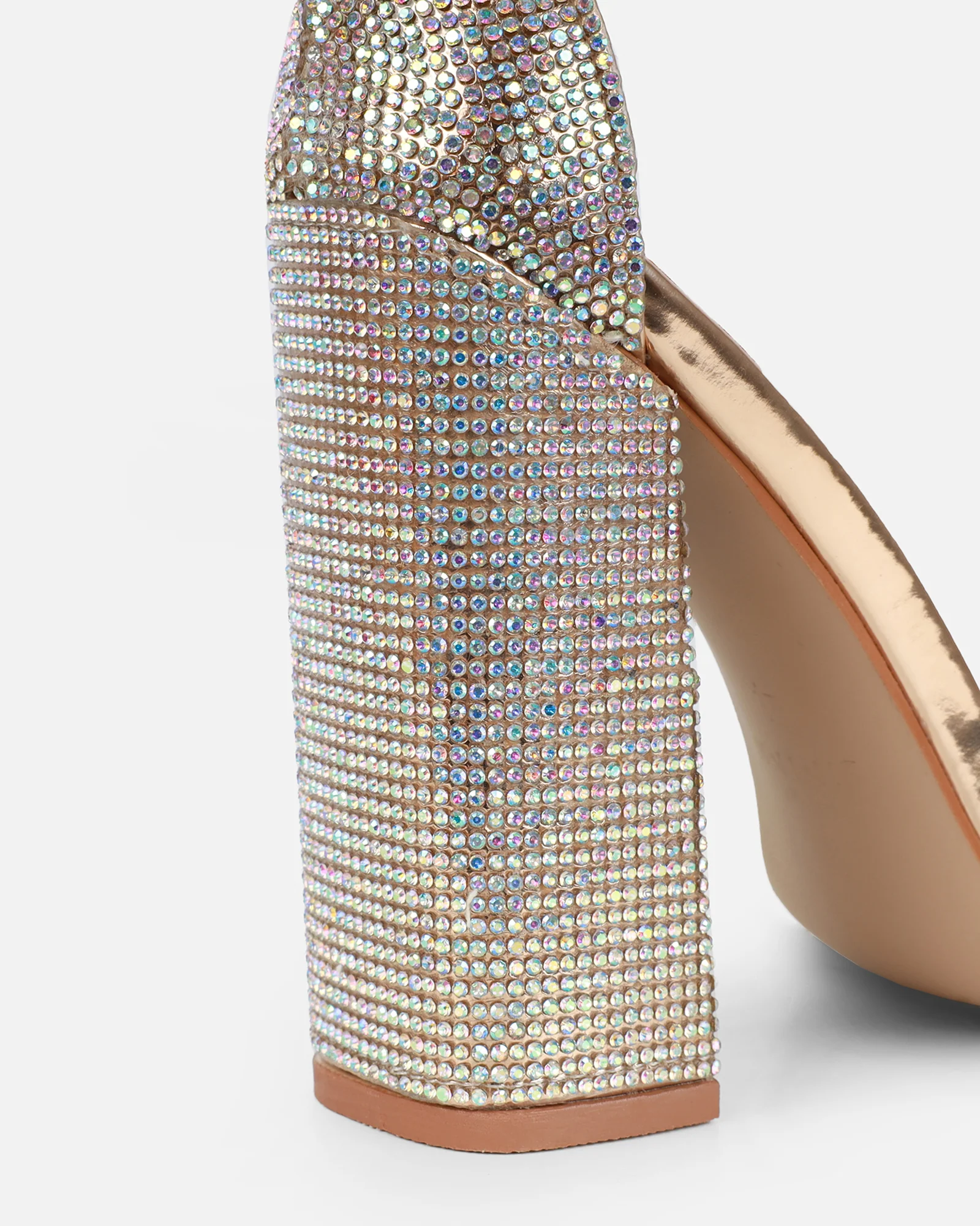 Arii Rose Gold Mirror Diamante Block Heels - Image 3