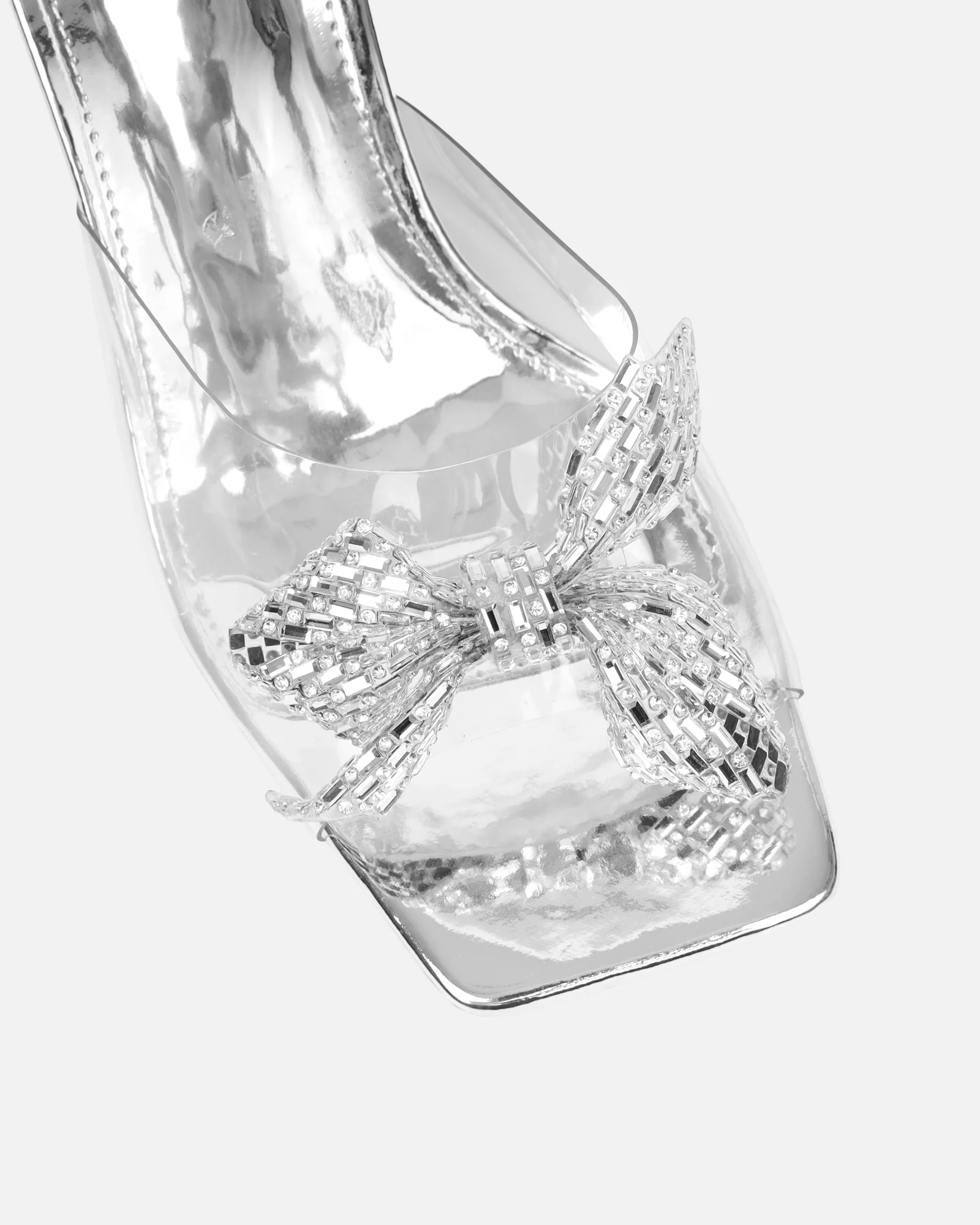 Ashleigh Clear Silver Mirror Diamante Bow Mid Heeled Sandals - Image 4