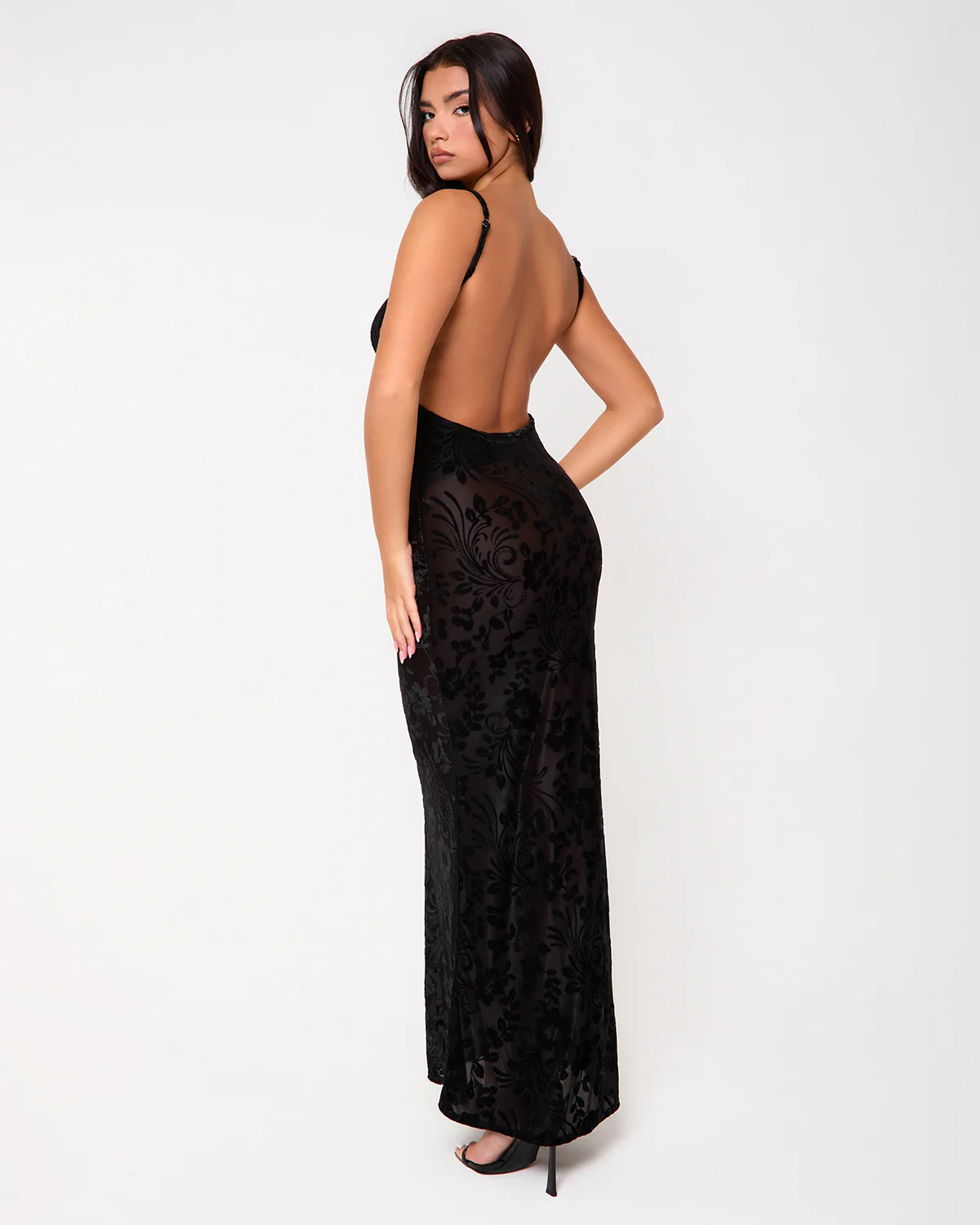 Chelsea Black Devore Backless Maxi Dress - Image 2
