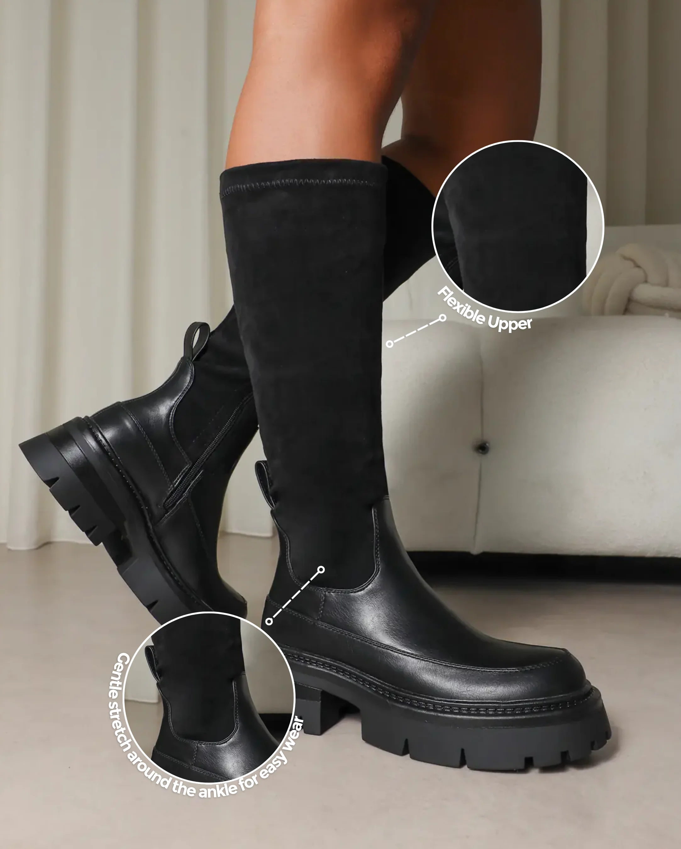 Chorley Black Microfibre Stretch Chunky Boots - Image 2