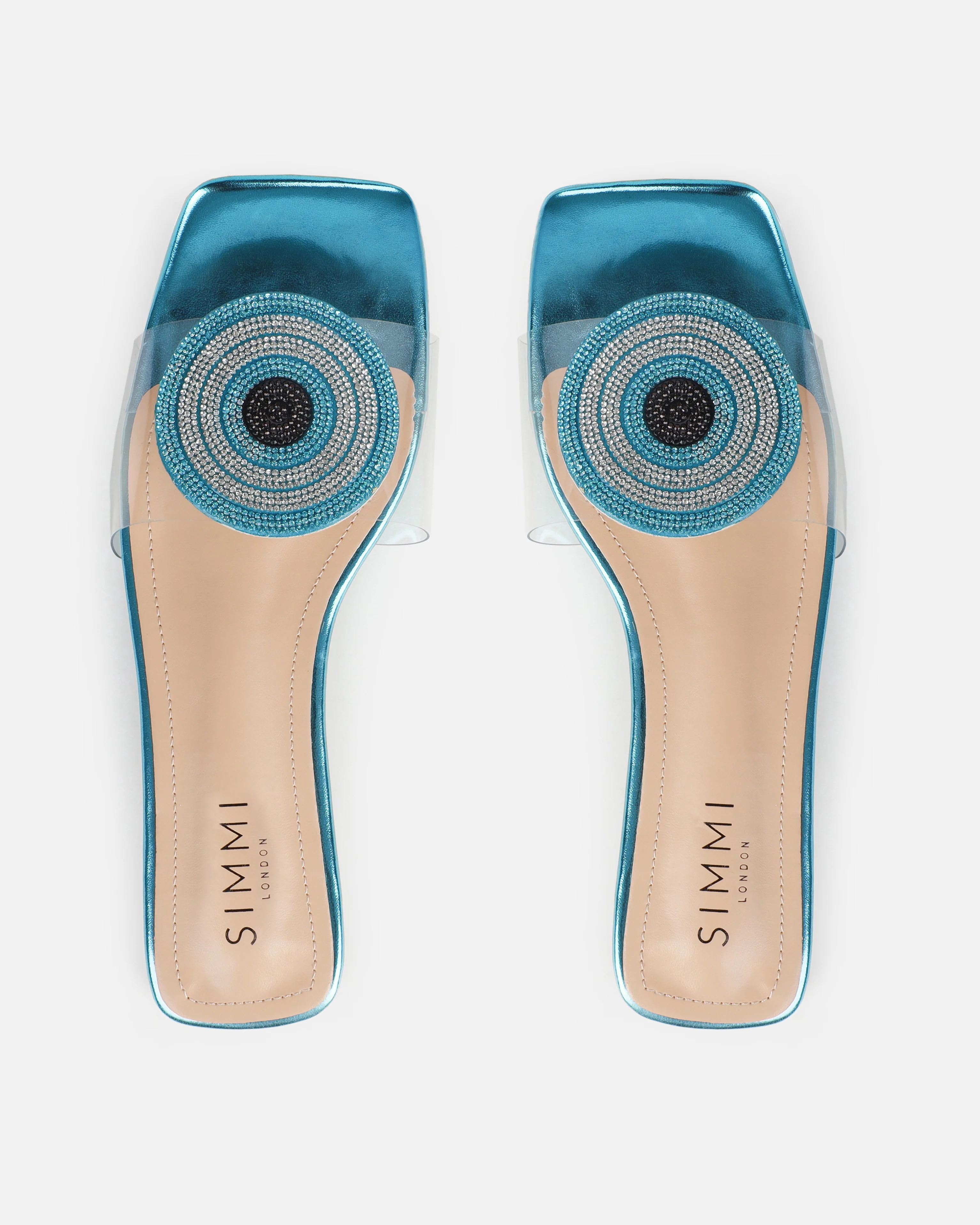 Clem Clear Aqua Blue Metallic Evil Eye Flat Sandals - Image 3
