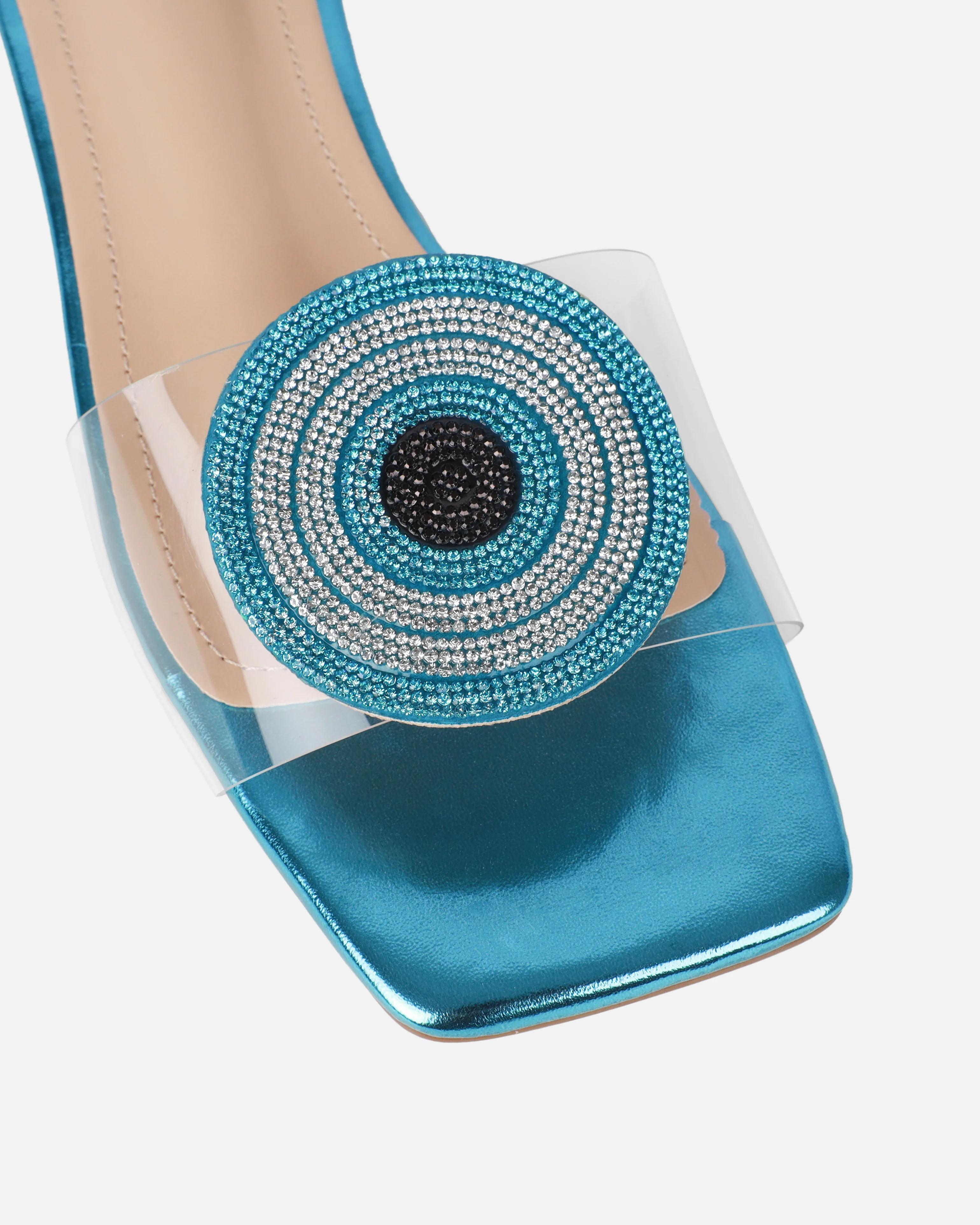 Clem Clear Aqua Blue Metallic Evil Eye Flat Sandals - Image 4