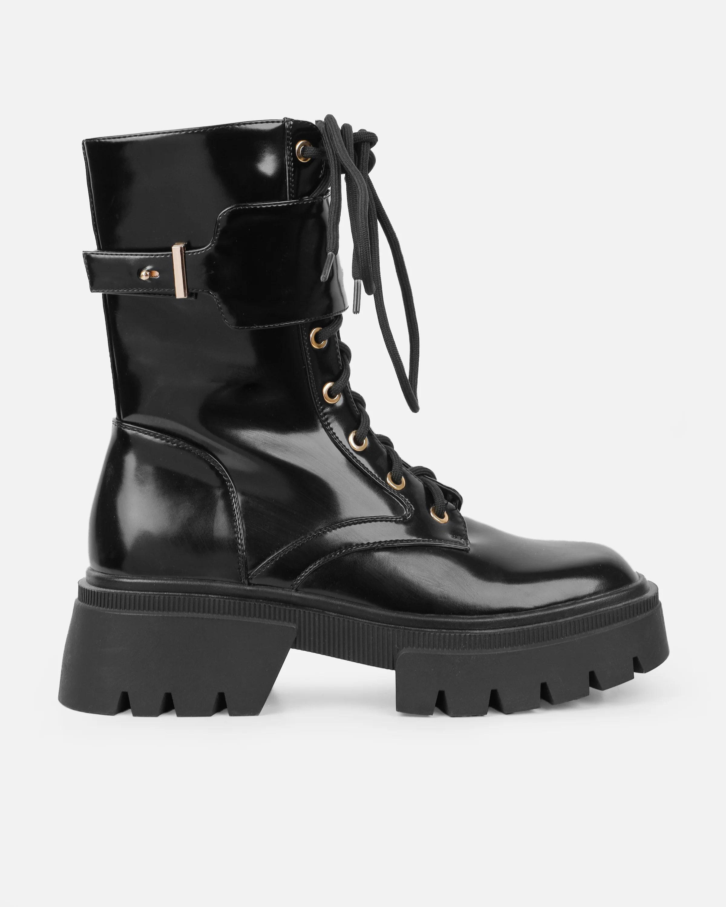 Dafydd Black Chunky Flat Lace Up Combat Boots - Image 2