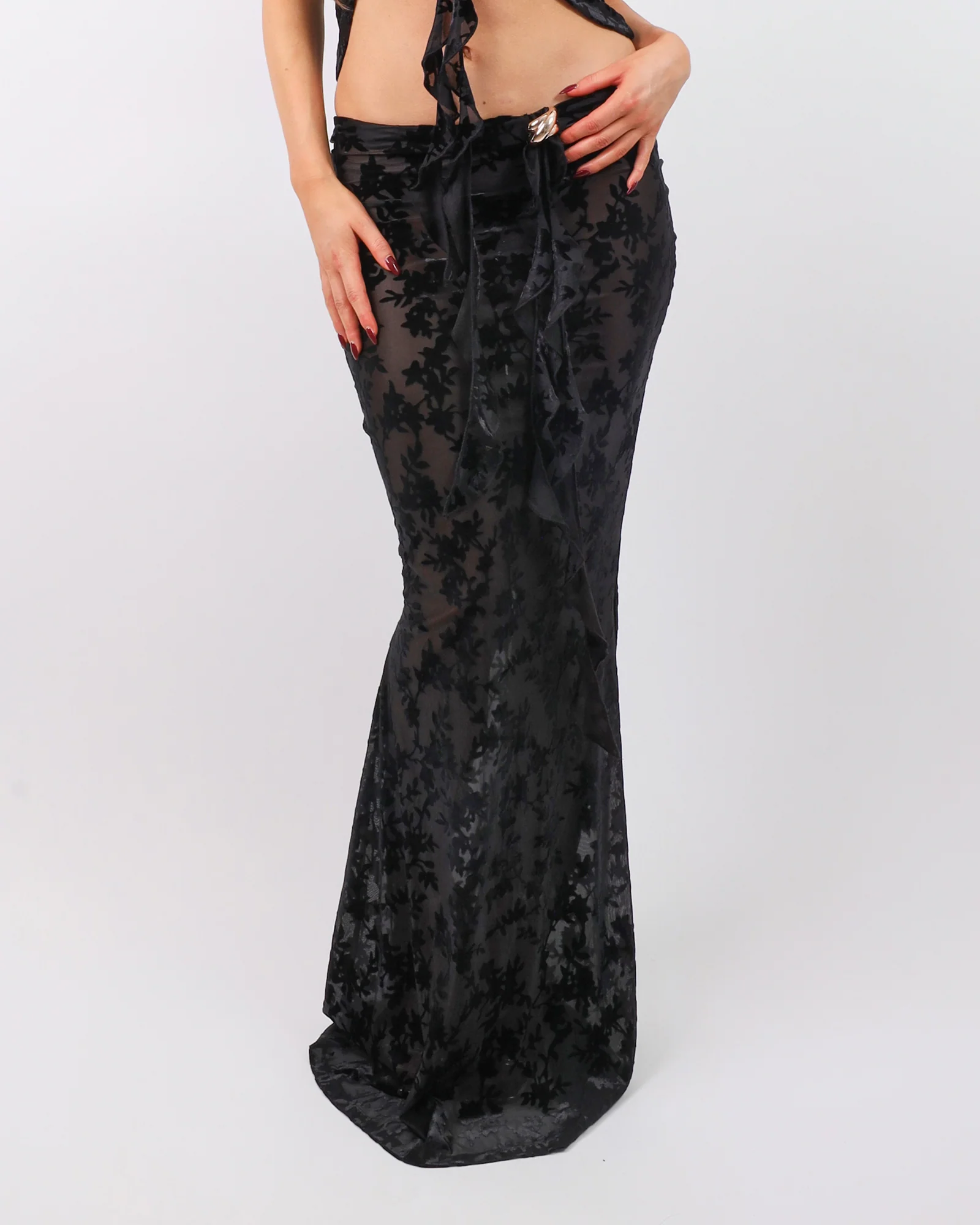 Daphne Black Devore Maxi Skirt - Image 3
