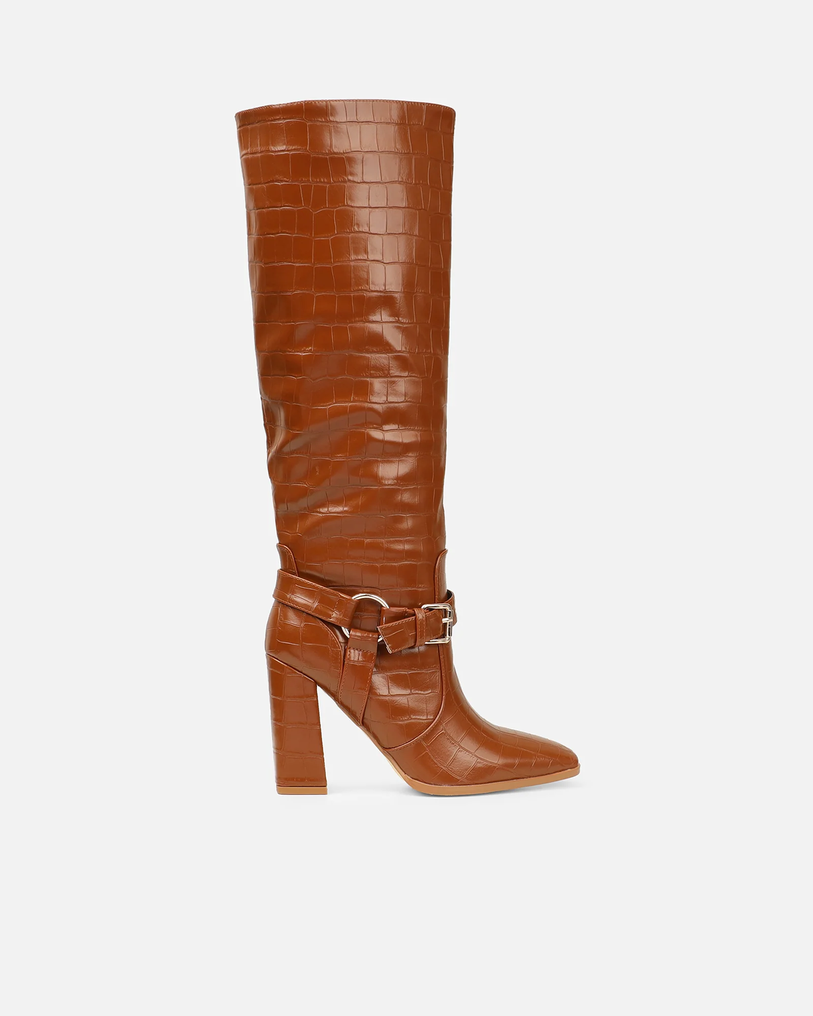 Darell Tan Croc Effect Over The Knee Block Heeled Boots - Image 4
