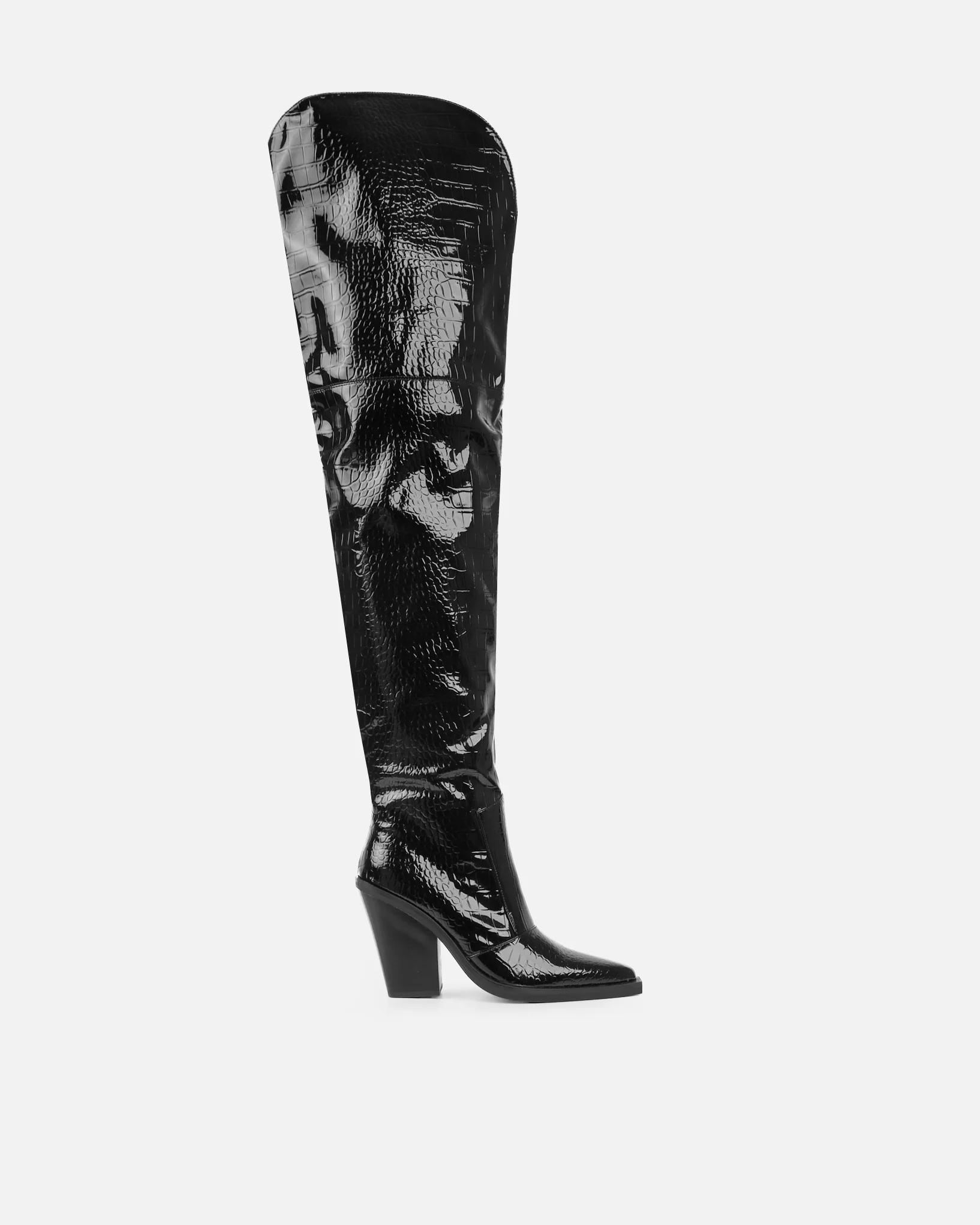 Gianni Black Patent Faux Croc Thigh High Western Boots - Image 2
