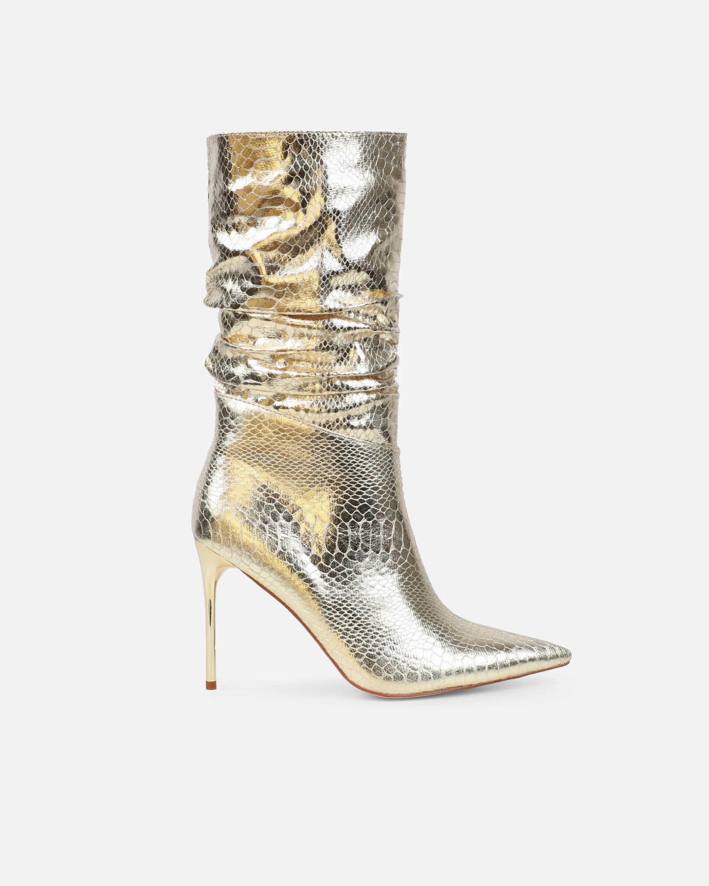 Giles Gold Metallic Faux Snake Ruched Stiletto Mid Calf Boots - Image 2