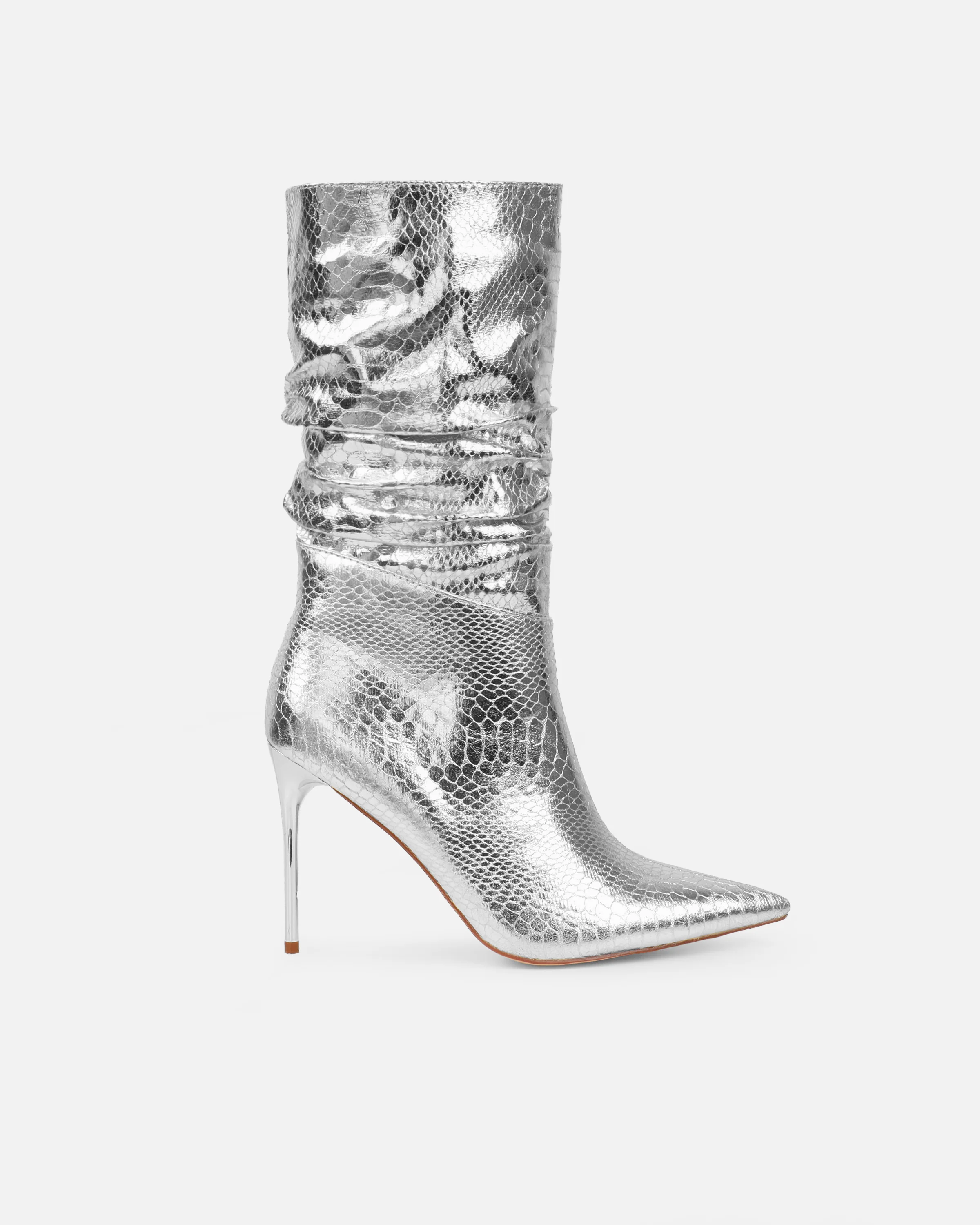 Giles Silver Metallic Faux Snake Ruched Stiletto Mid Calf Boots - Image 2