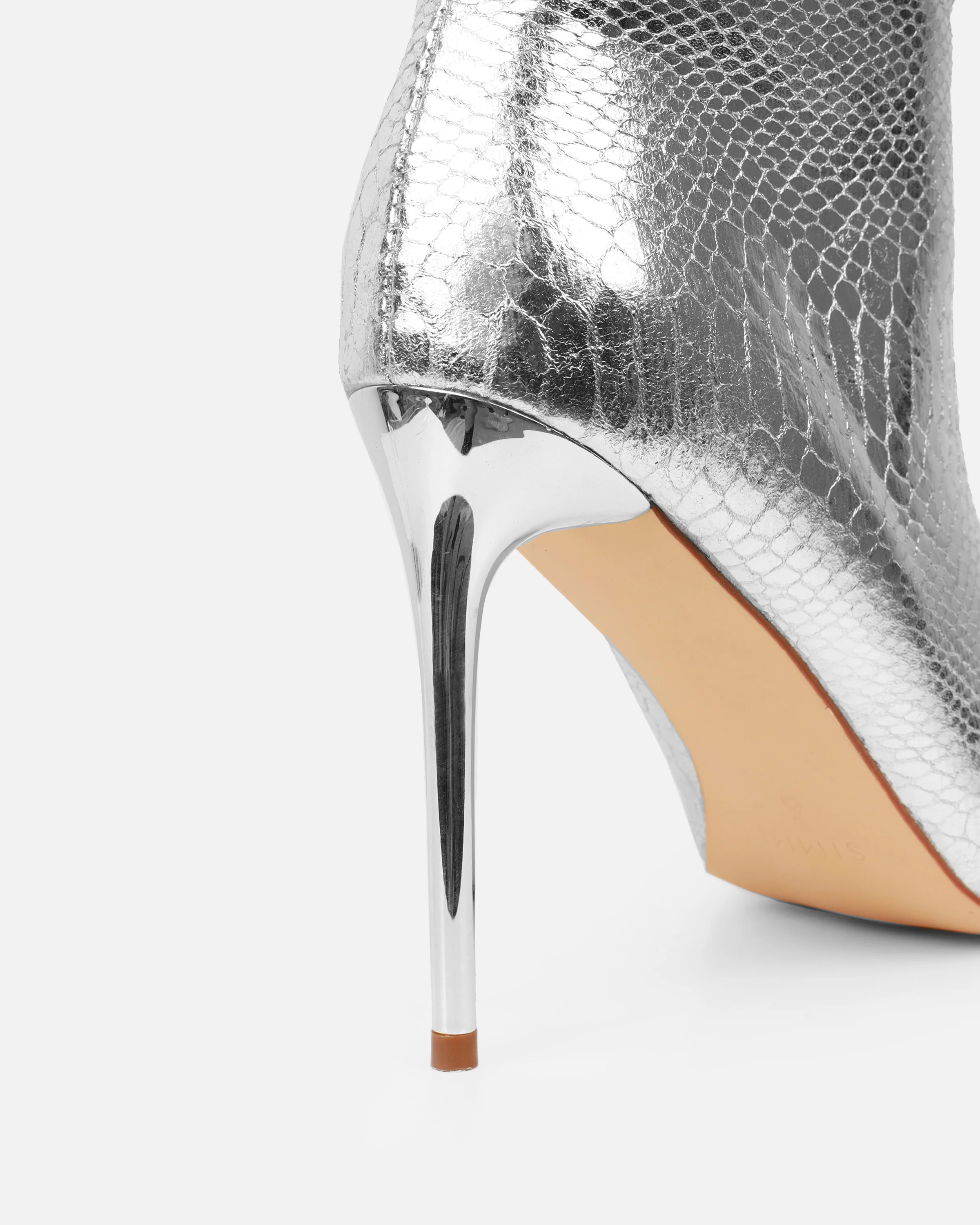 Giles Silver Metallic Faux Snake Ruched Stiletto Mid Calf Boots - Image 3