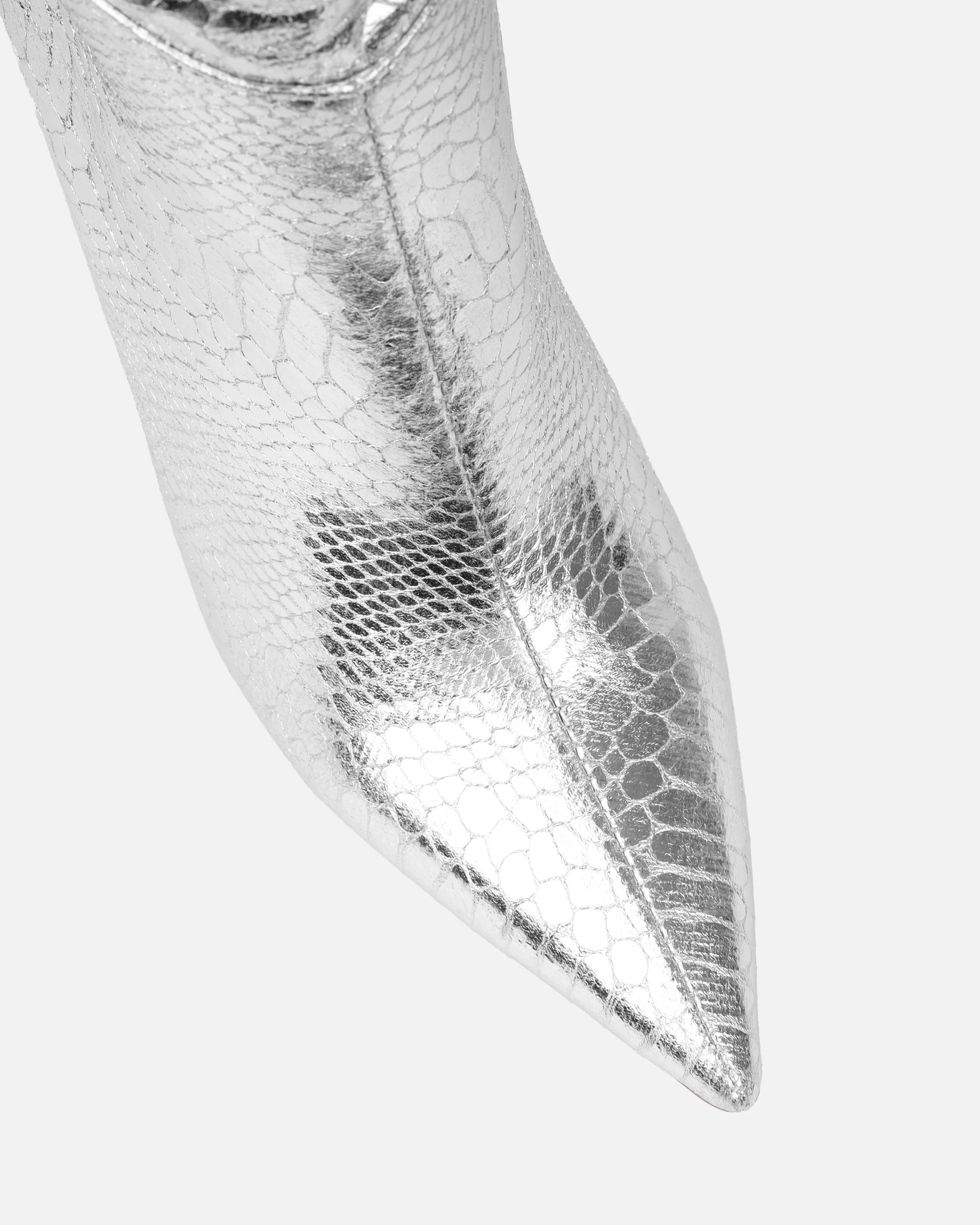 Giles Silver Metallic Faux Snake Ruched Stiletto Mid Calf Boots - Image 4