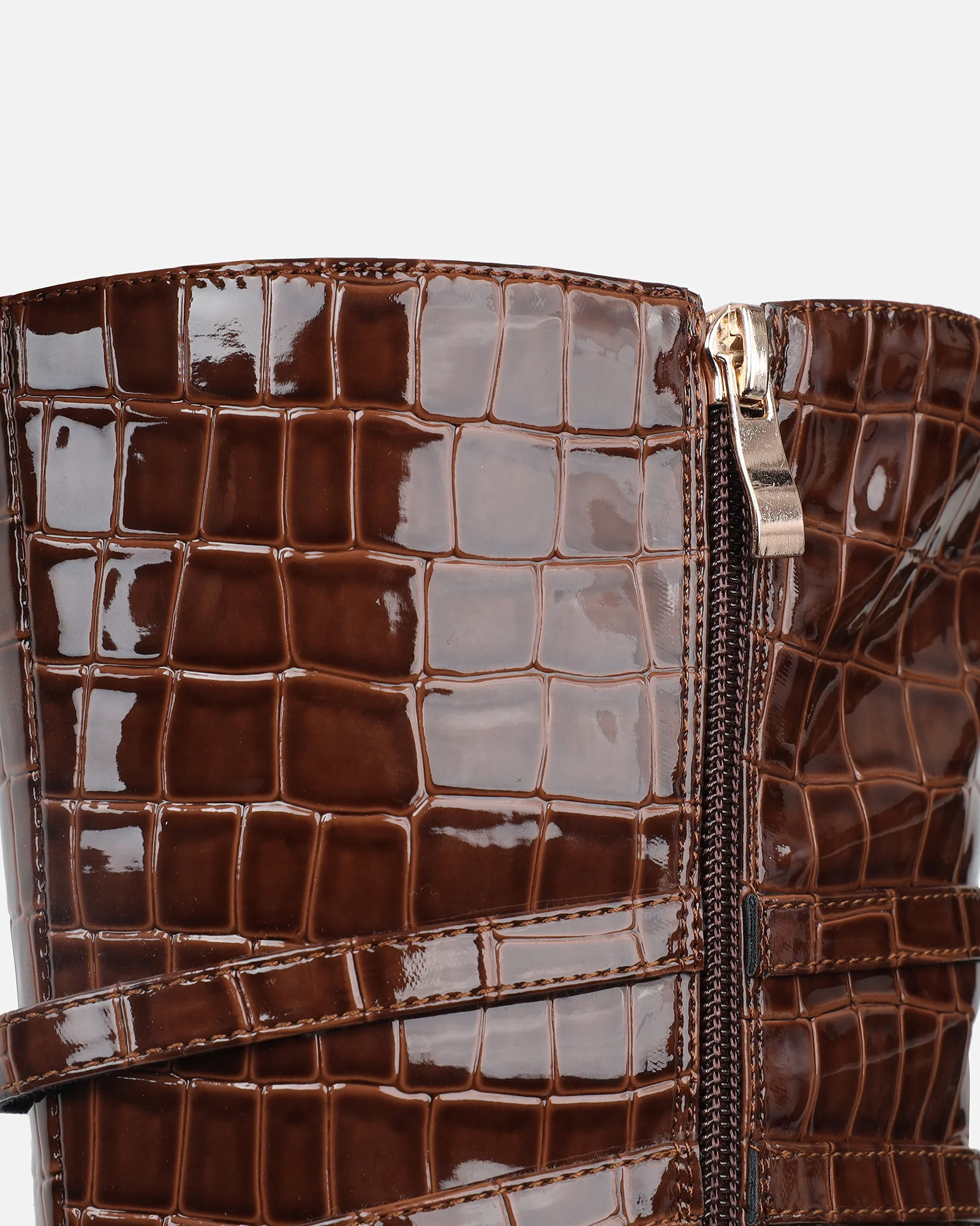 Haiden Brown Patent Croc Effect Knee Boots - Image 3