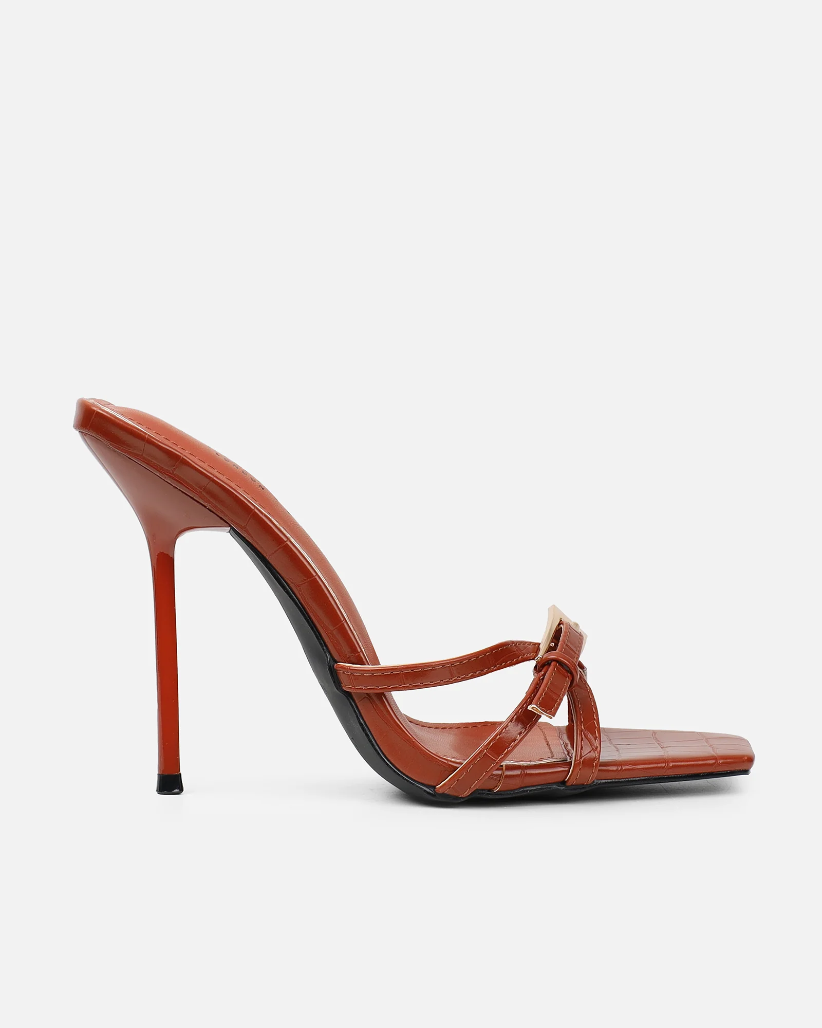 Imaan Tan Croc Effect Buckle Heeled Sandals - Image 2