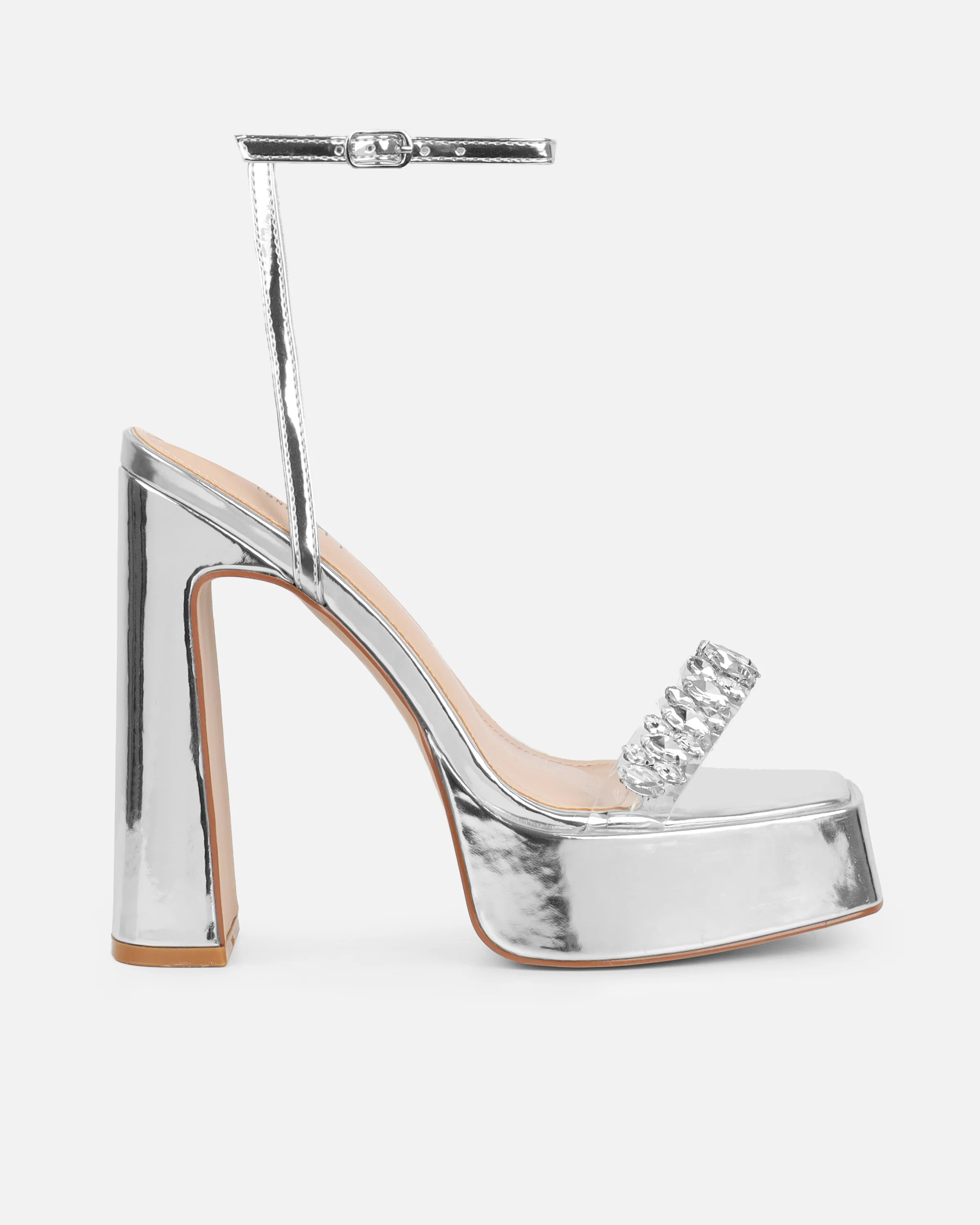 Immogen Clear Silver Mirror Diamante Platform Heels - Image 2