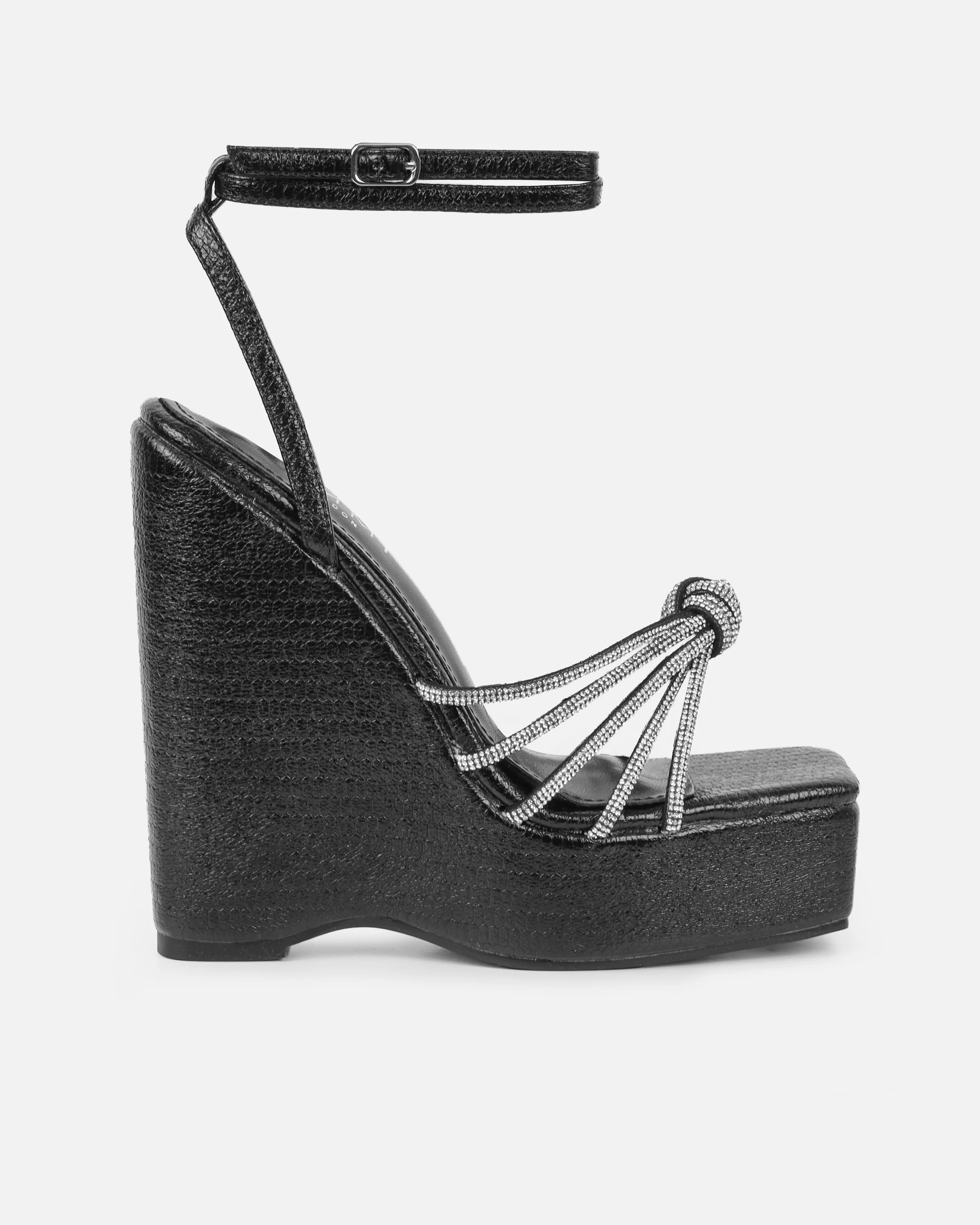 Jayne Black Faux Snake Diamante Wedge Sandals - Image 2