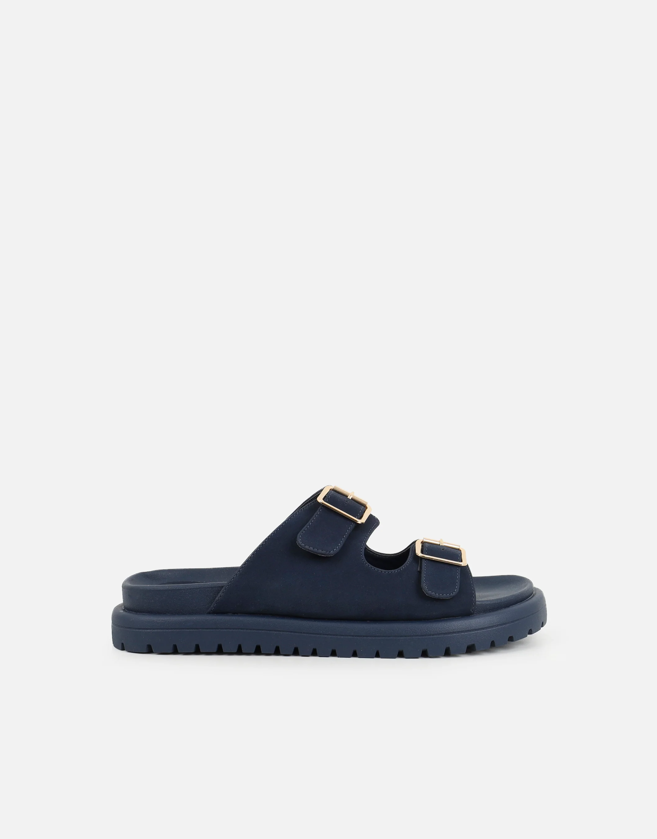 Jesselyn Navy Suede Buckle Chunky Flat Sandals - Image 2