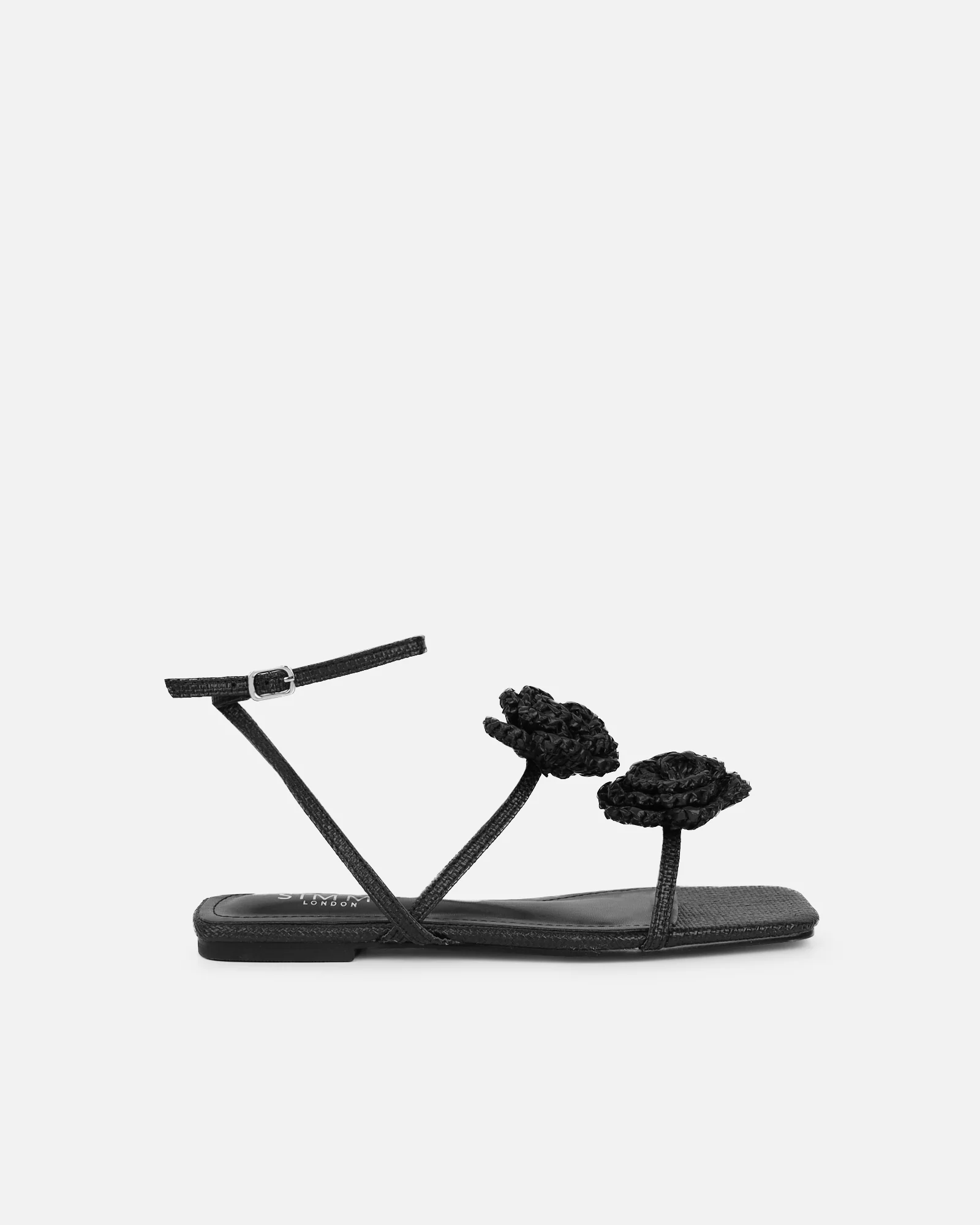 Johanna Black Hesian Flower Detail Flat Sandals - Image 2