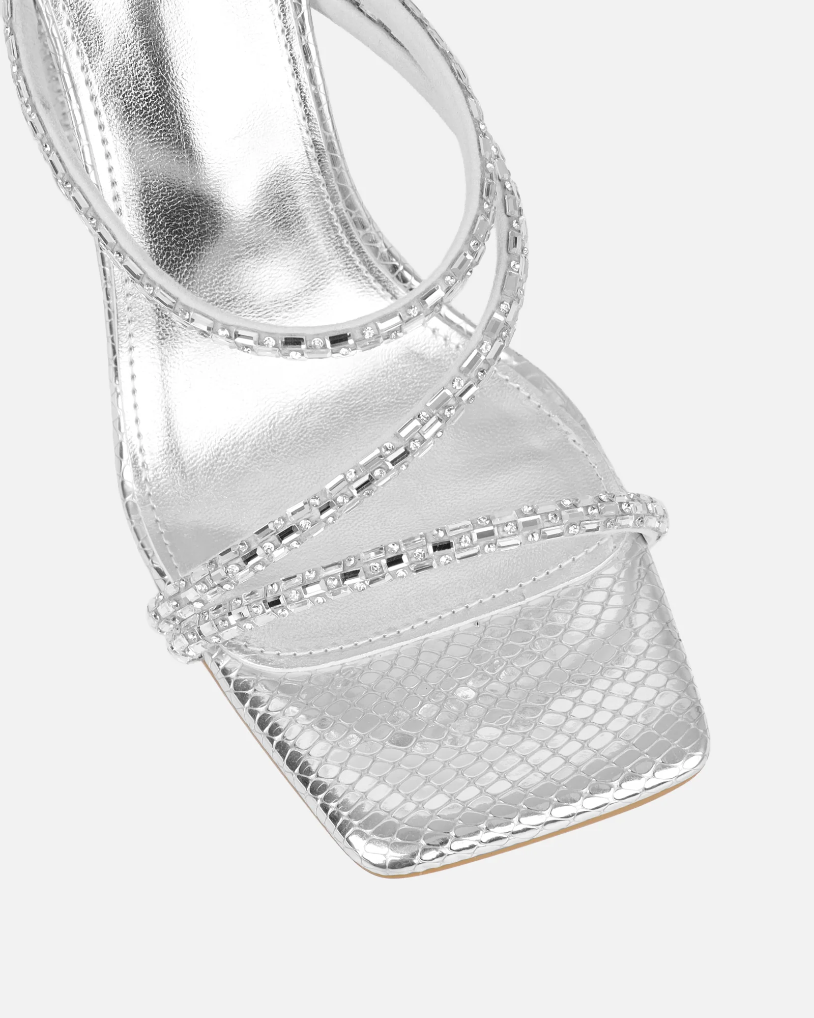 Kaana Silver Snake Effect Diamante Block Heel Sandals - Image 4