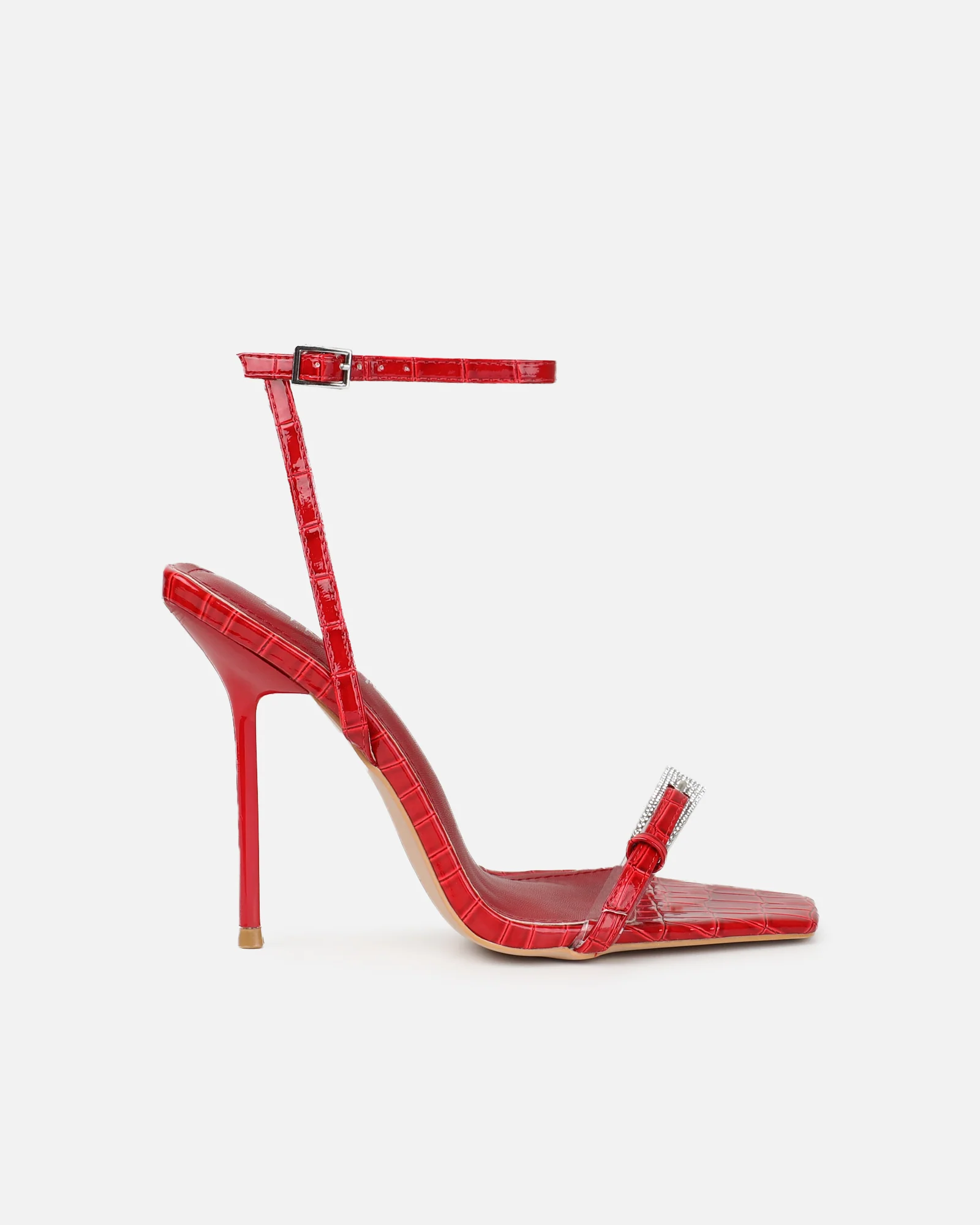 Kienna Red Patent Croc Effect Diamante Buckle Heeled Sandals - Image 2