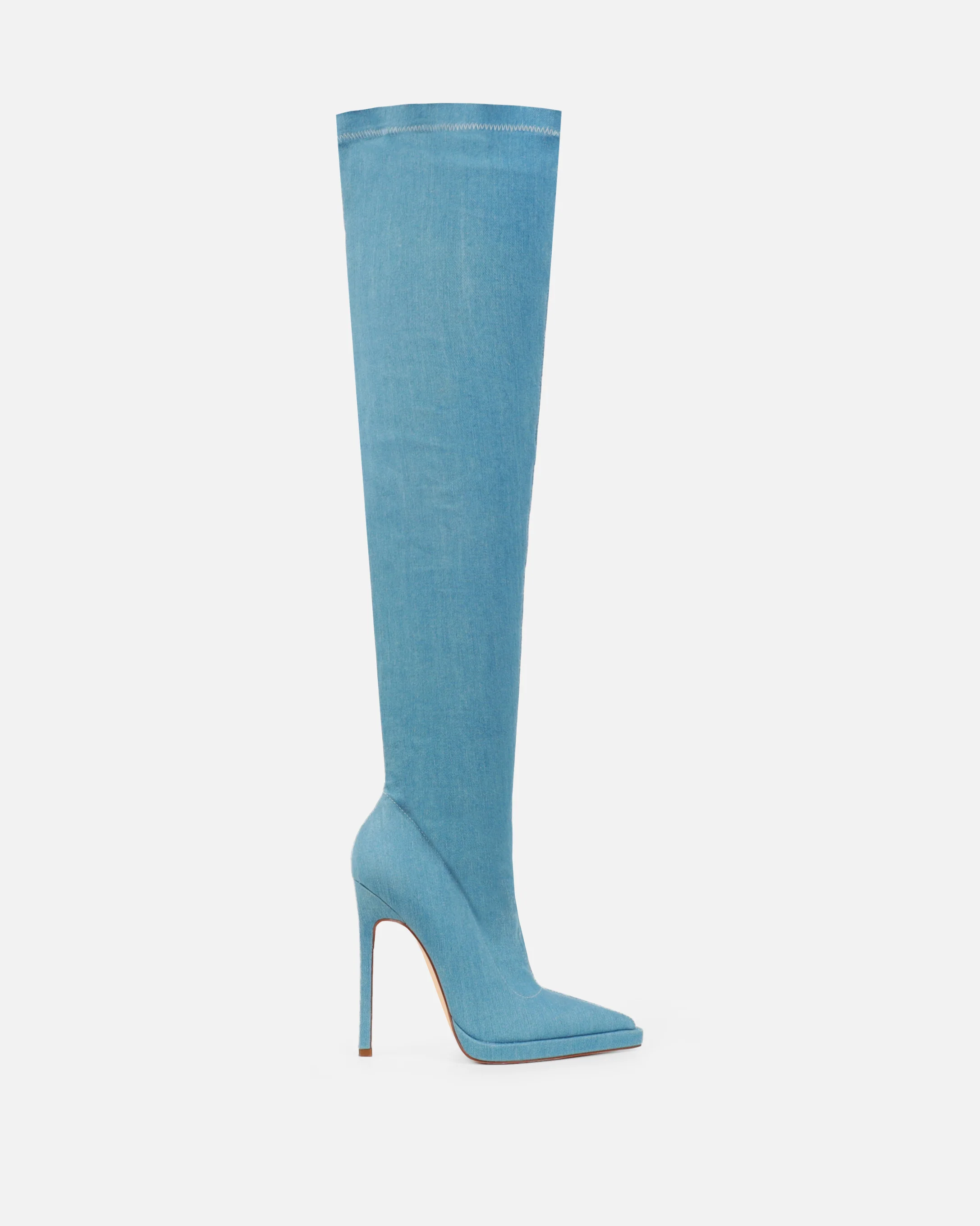 Lewie Blue Denim Stretch Pointed Toe Thigh High Stiletto Boots - Image 2