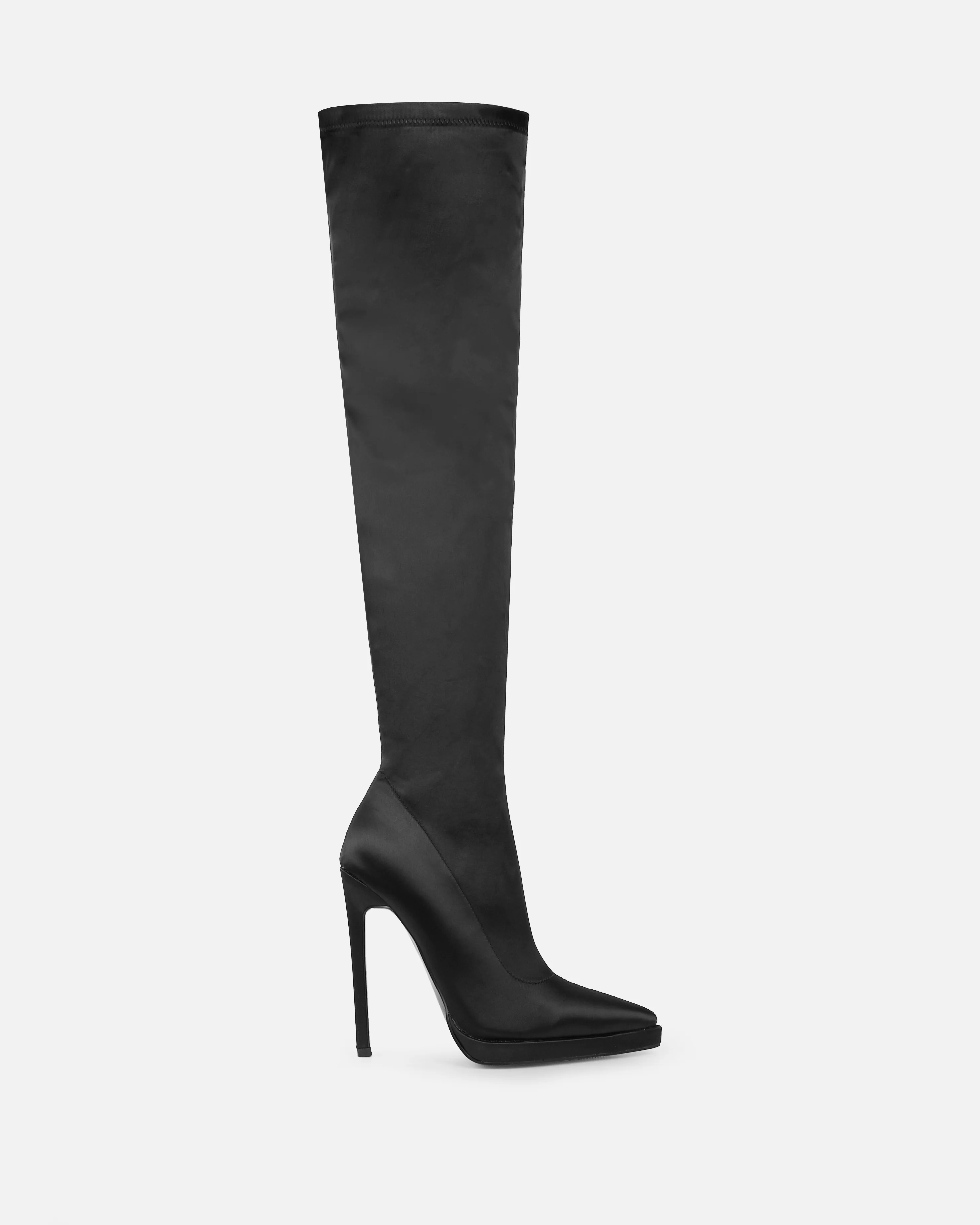 Lewie Black Stretch Satin Pointed Toe Stiletto Thigh High Boots - Image 2