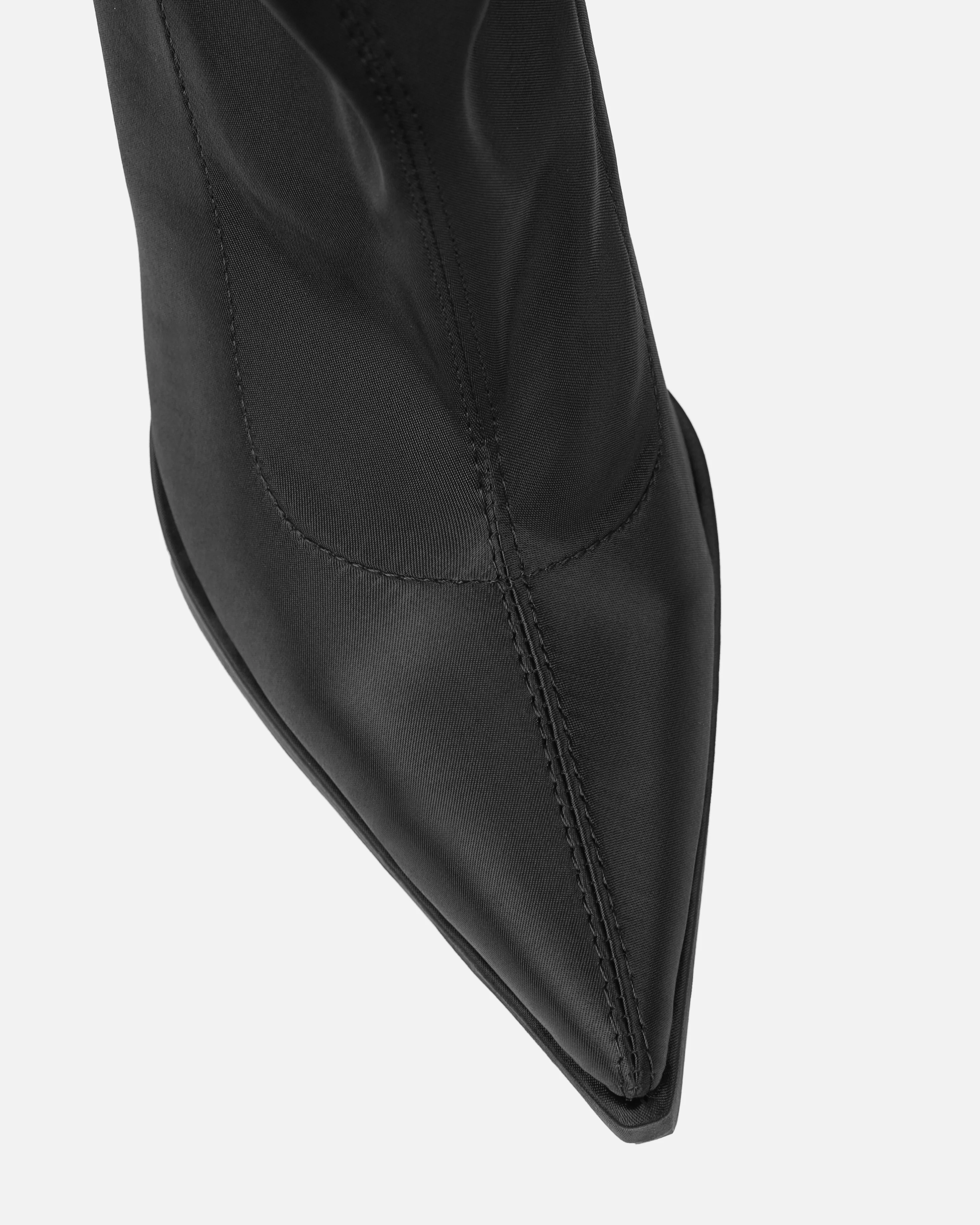 Lewie Black Stretch Satin Pointed Toe Stiletto Thigh High Boots - Image 4