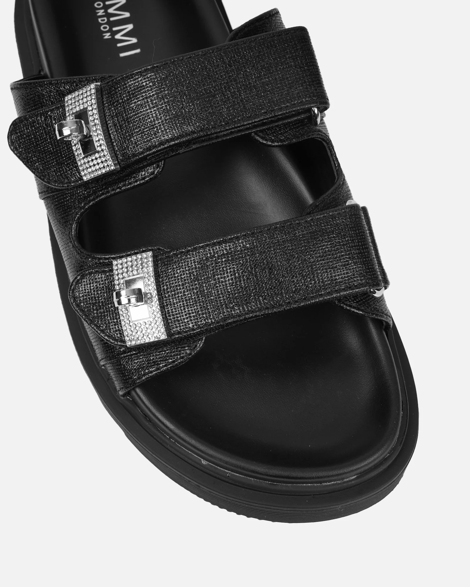 Liaa Black Diamante Buckle Textured Slider Sandals - Image 4