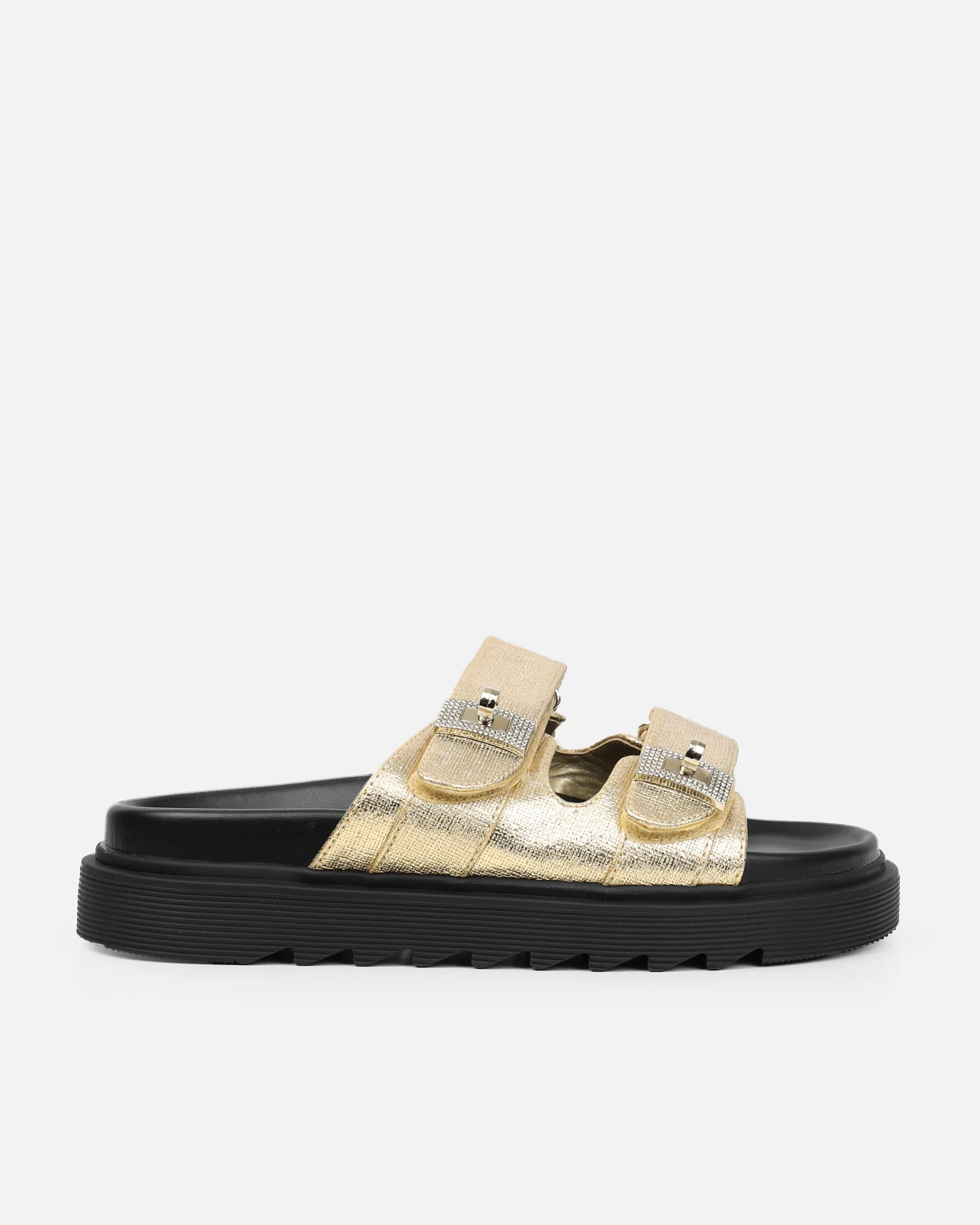 Liaa Gold Diamante Buckle Textured Slider Sandals - Image 2