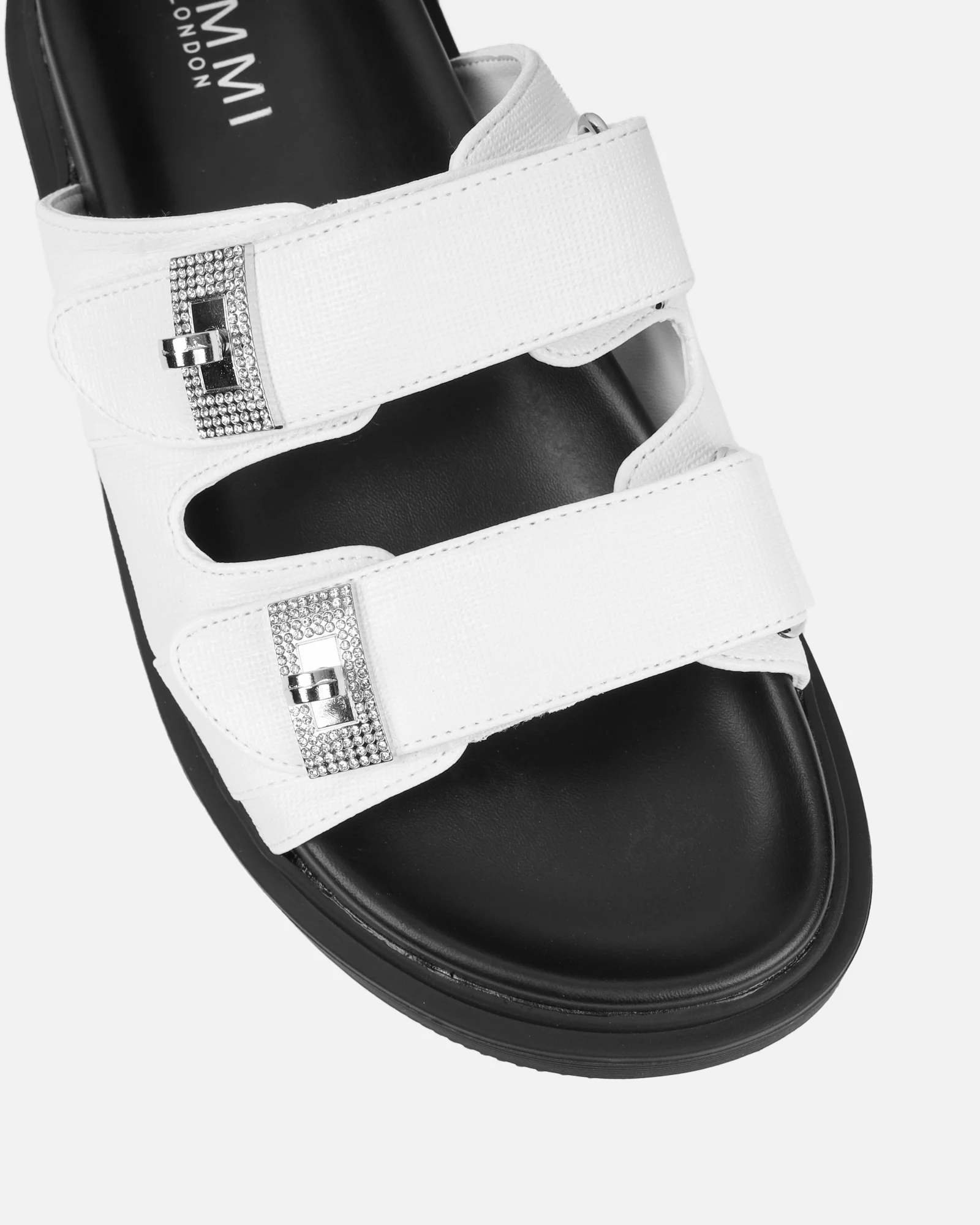 Liaa White Diamante Buckle Textured Slider Sandals - Image 4