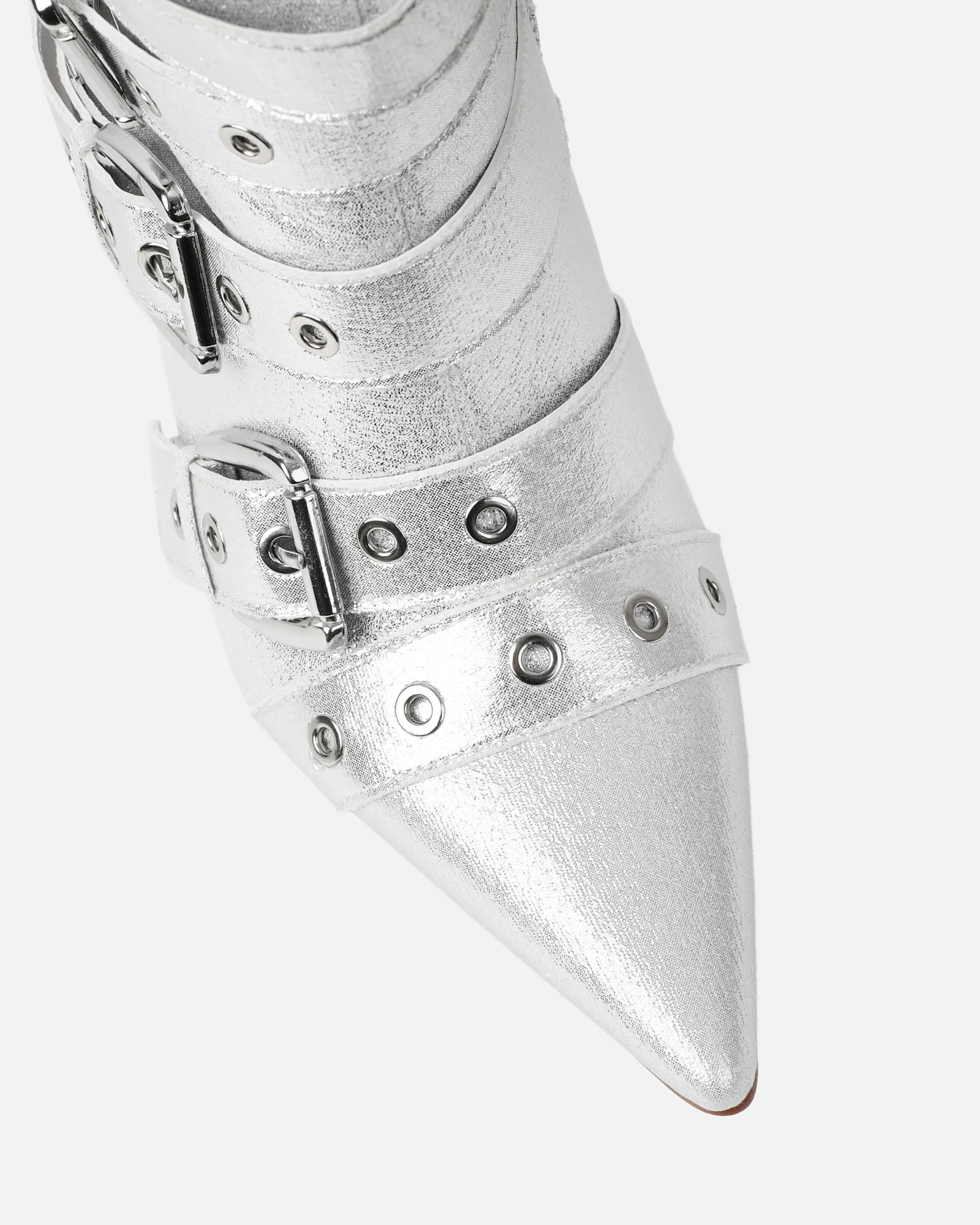 Lucian Silver Glitter Strappy Buckle Stiletto Boots - Image 4