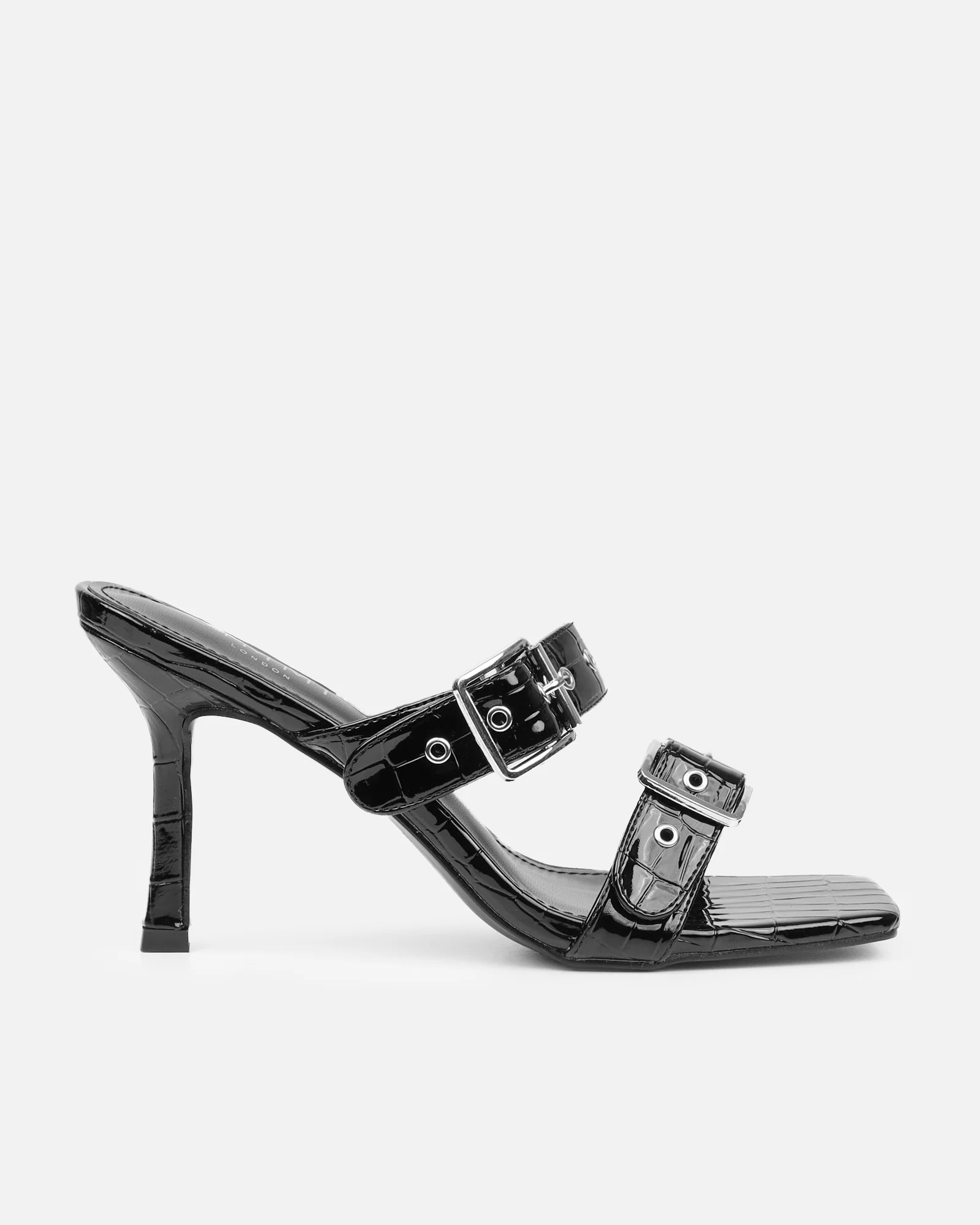 Magdalena Black Faux Croc Print Heeled Sandals - Image 2