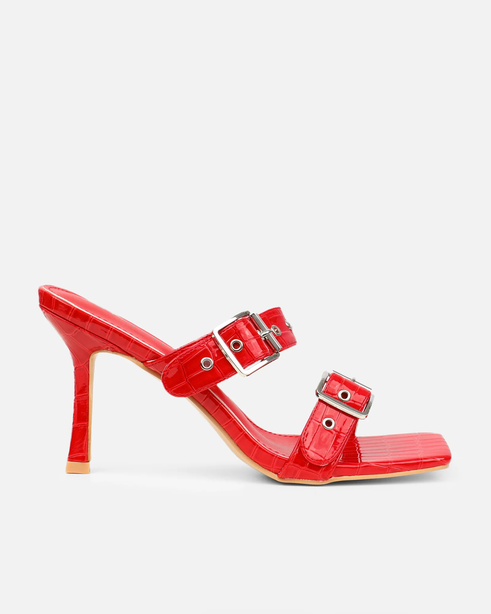 Magdalena Red Faux Croc Print Heeled Sandals - Image 2