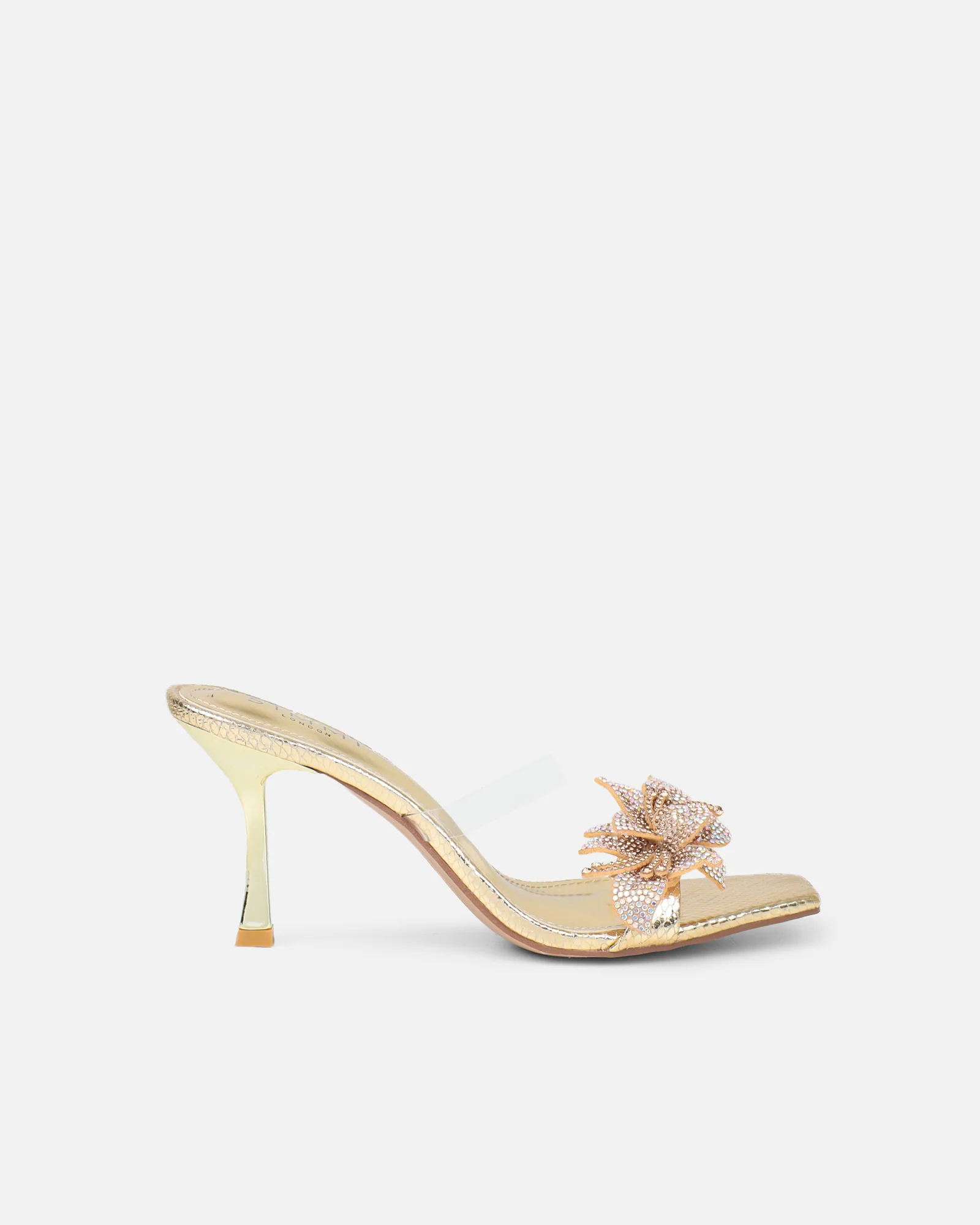 Marcella gold snake effect flower detail mid heeled sandals - Image 2