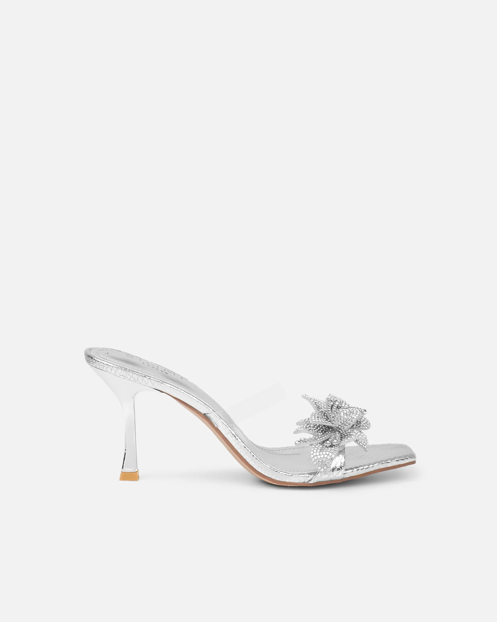 Marcella silver snake effect flower detail mid heeled sandals - Image 3
