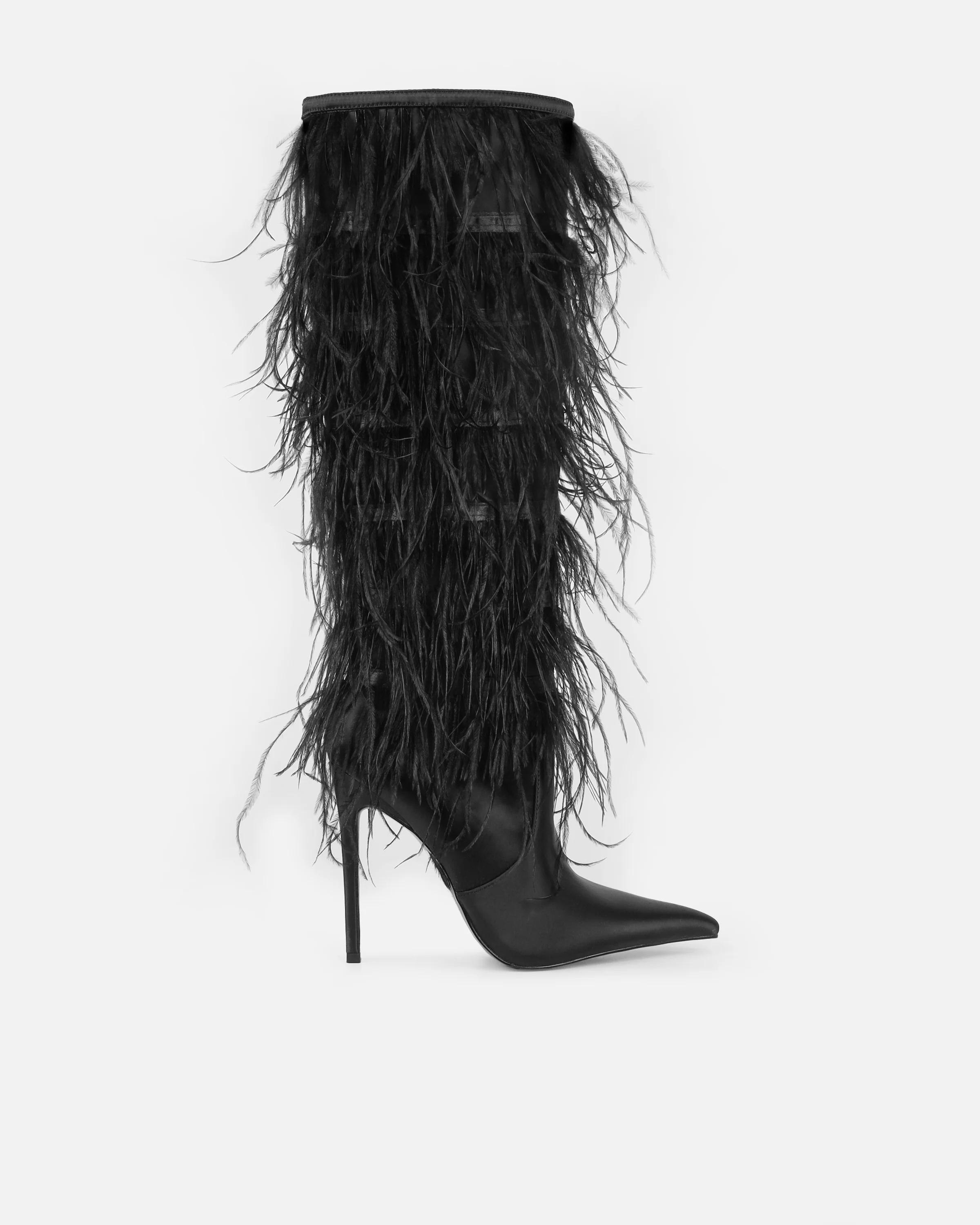 Marcos Black Satin Fluffy Stiletto Knee High Boots - Image 2