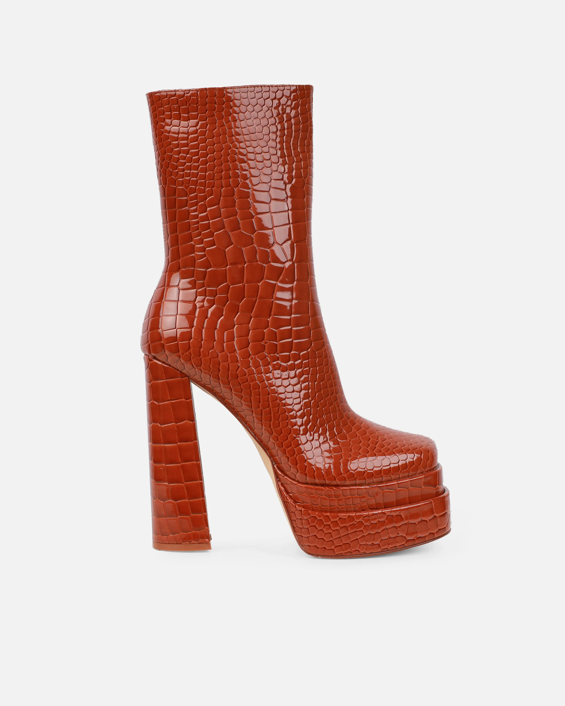 Martha Tan Faux Croc Double Platform Block Heel Ankle Boots - Image 2
