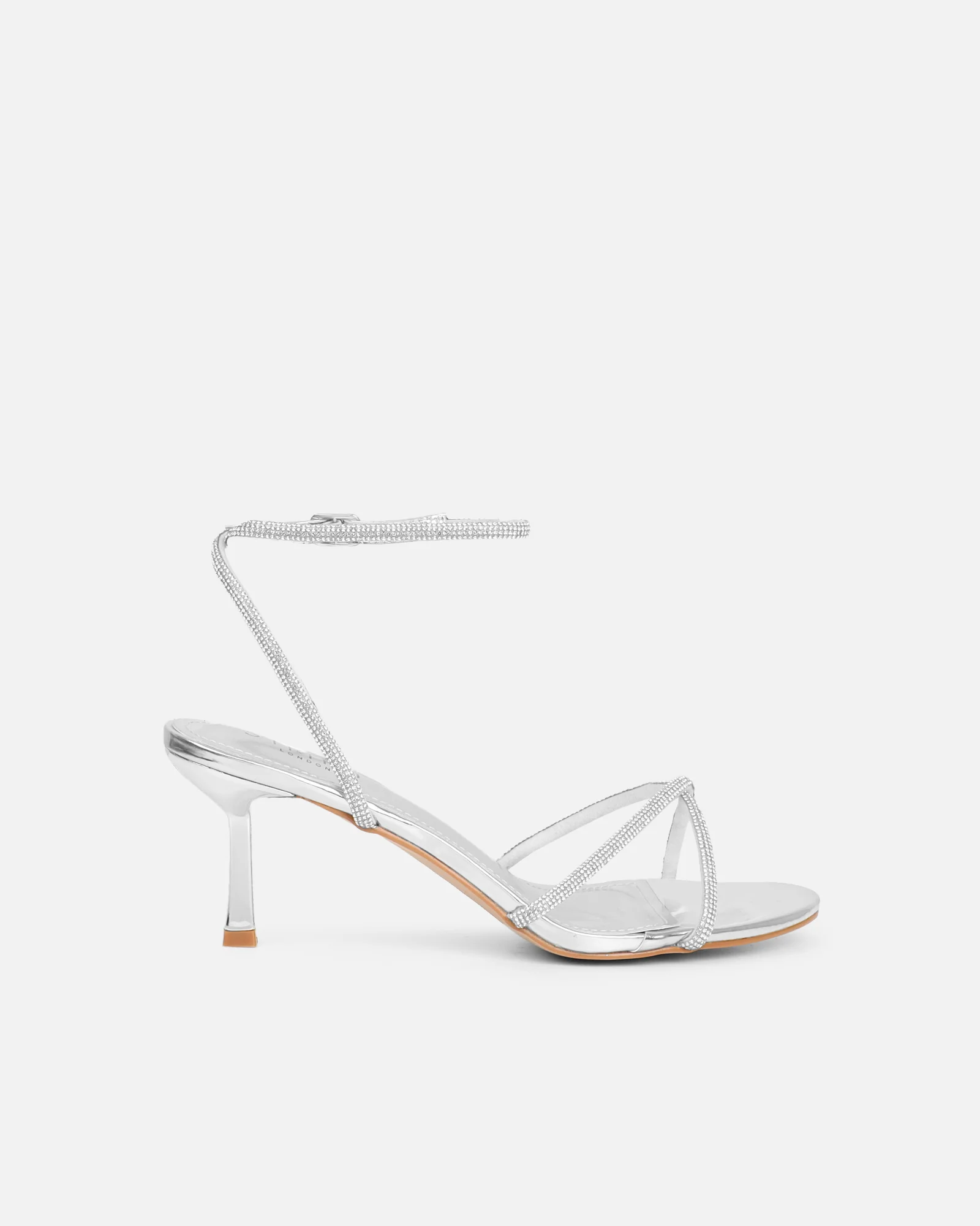 Meesha Silver Mirror Diamante Mid Heel Sandals - Image 2