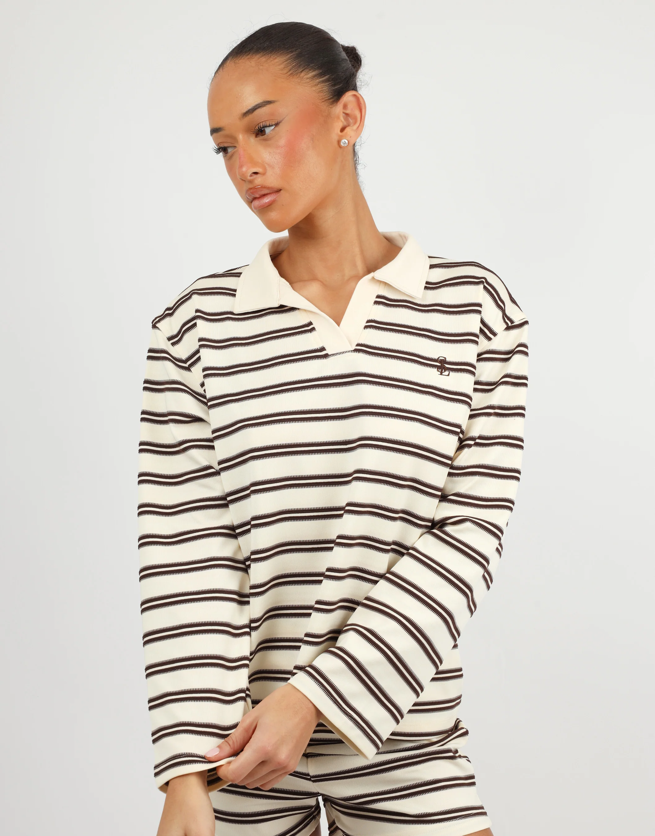 Melrose Simmi Studios Small Stripe Rugby Top In Brown - Image 2