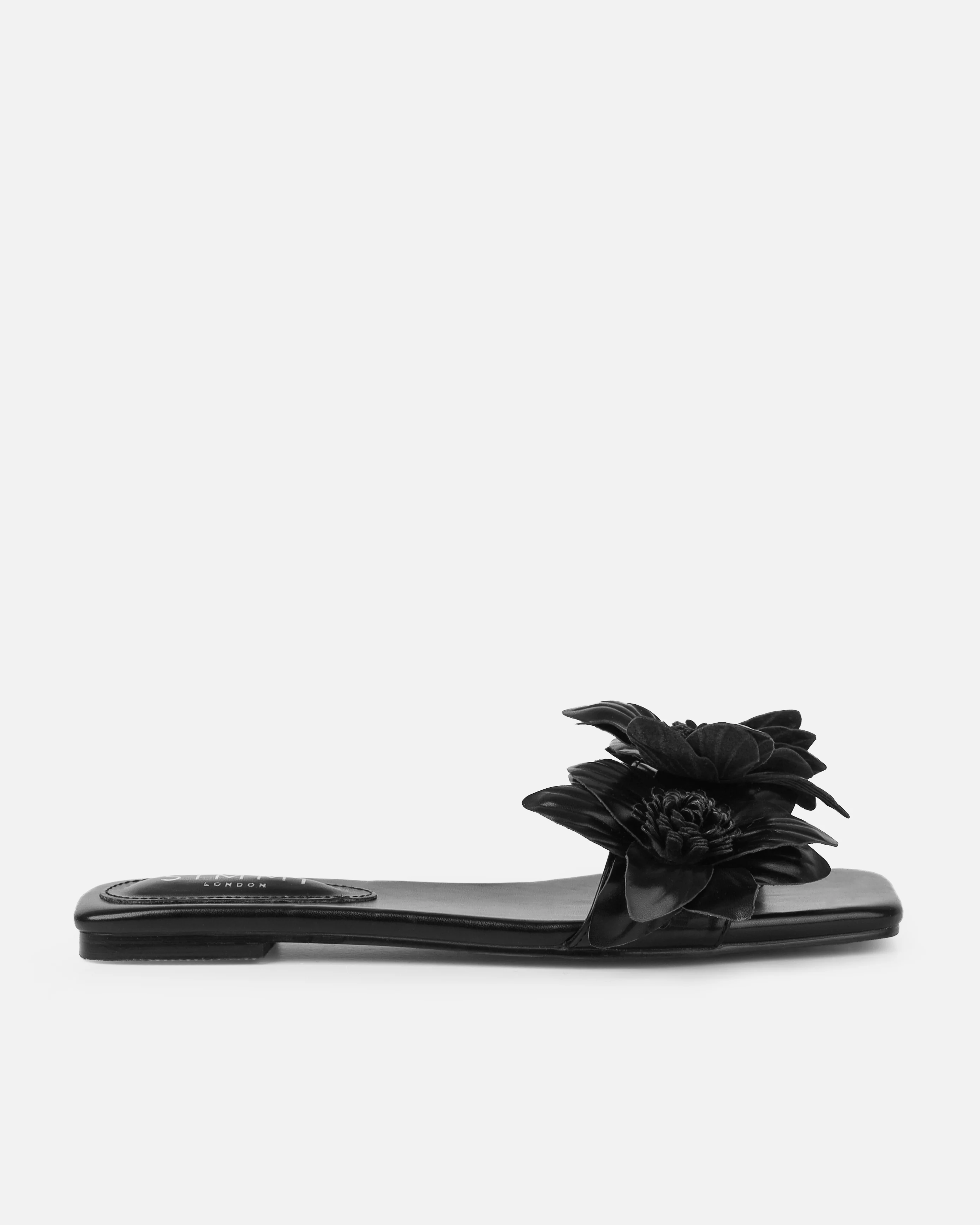 Miray Black Flower Flat Slides - Image 2