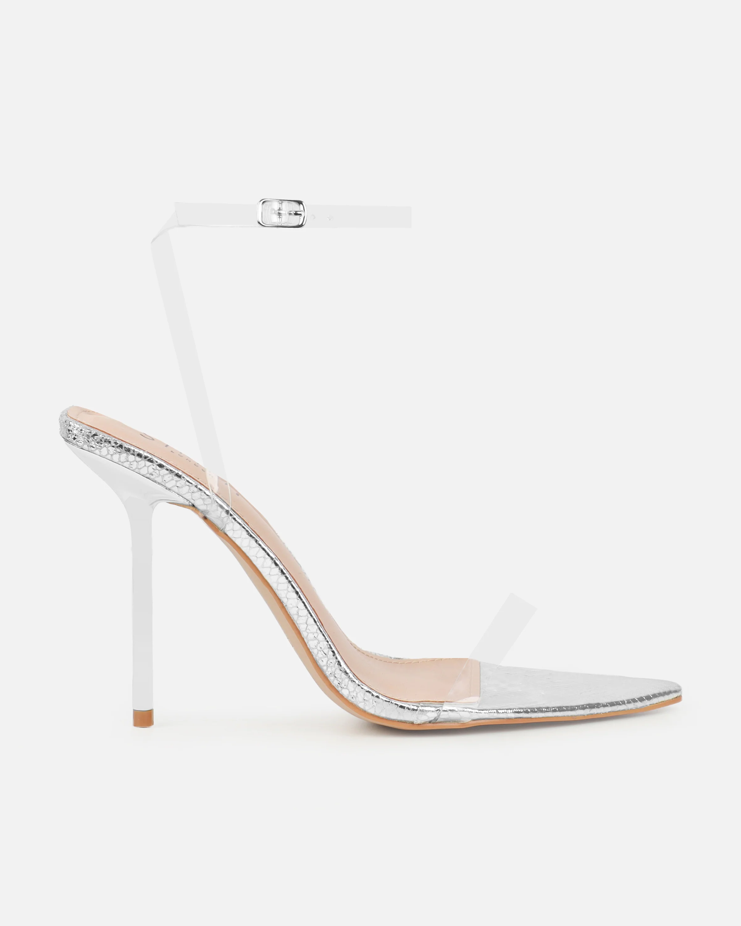 Perla Clear Silver Faux Snake Strappy Stiletto Heels - Image 2