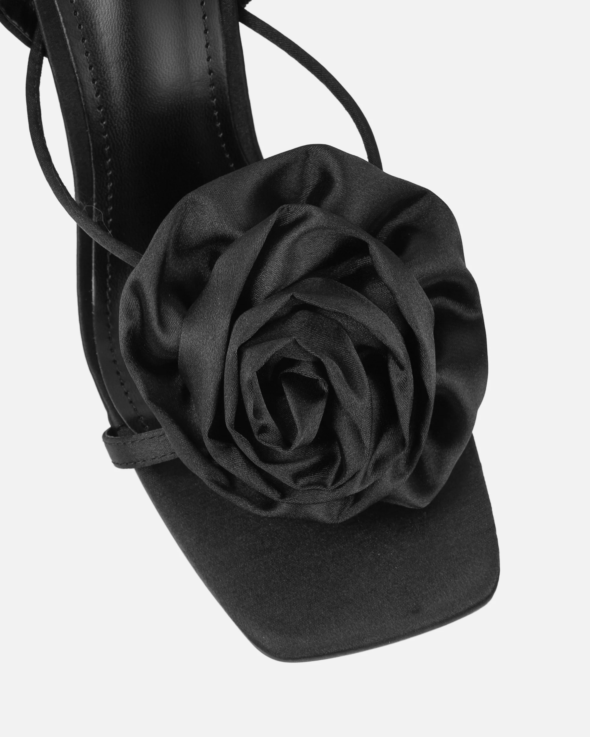 Quartz Black Satin Corsage Flower Heeled Sandals - Image 4
