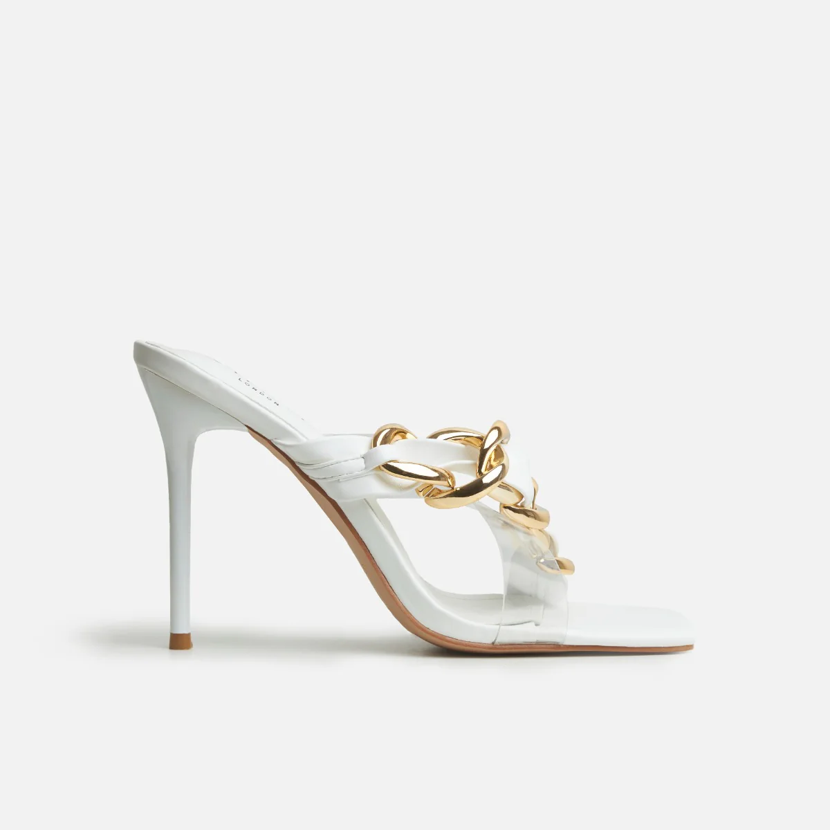 Saige Clear White Asymmetric Chain High Heel Mules - Image 4
