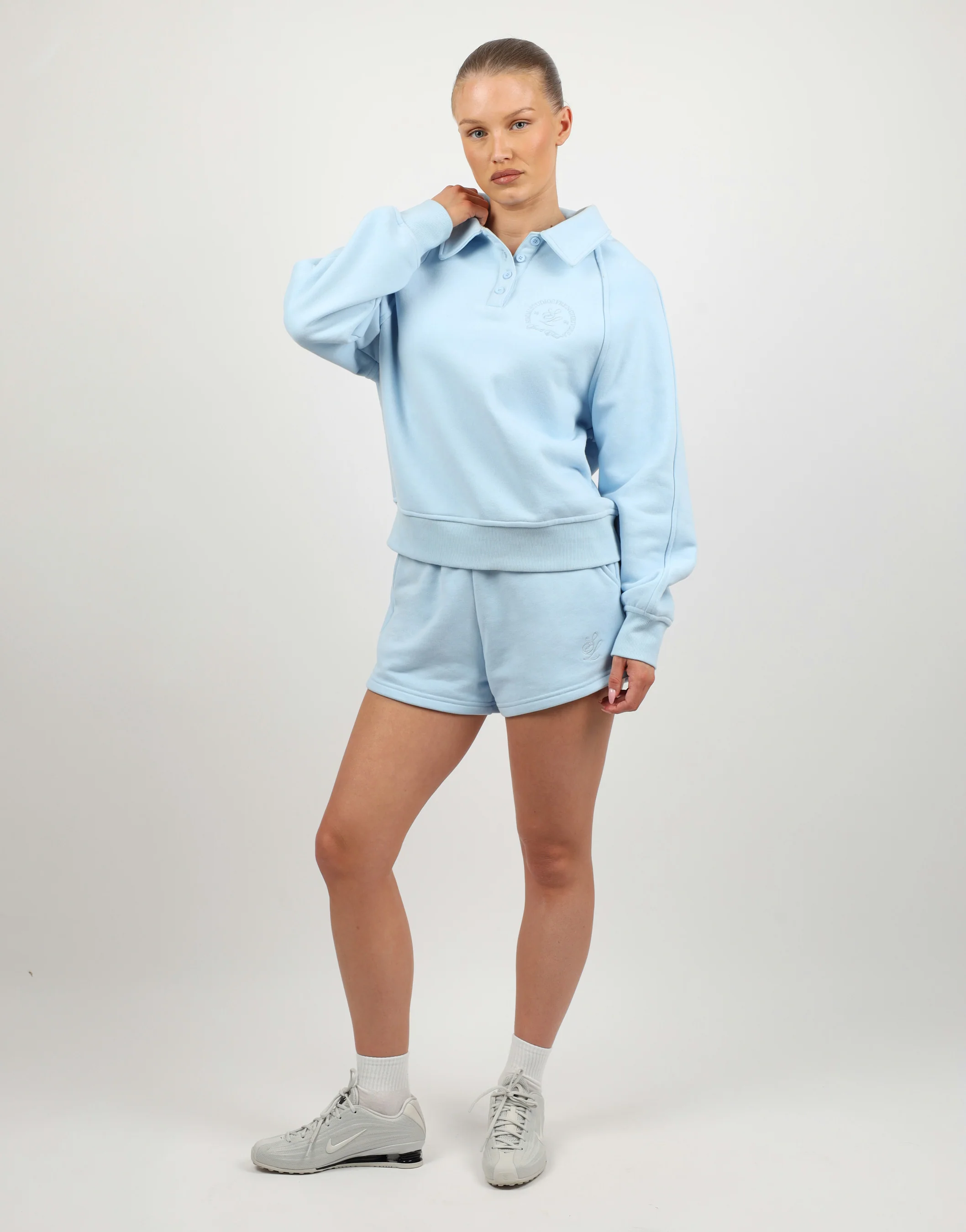 Monaco Simmi Studios Embroidered Logo Polo Sweatshirt In Baby Blue - Image 3