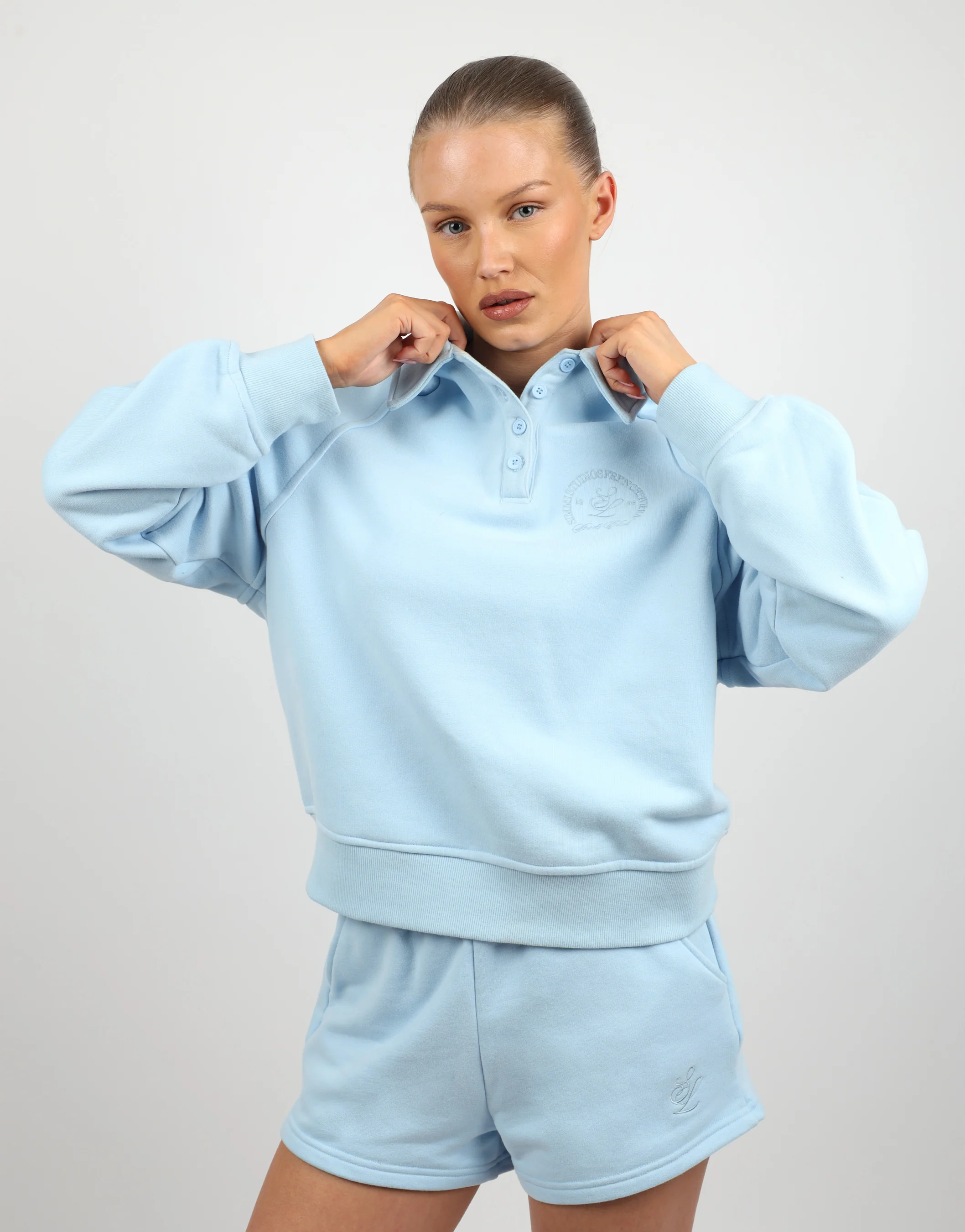 Monaco Simmi Studios Embroidered Logo Polo Sweatshirt In Baby Blue - Image 6