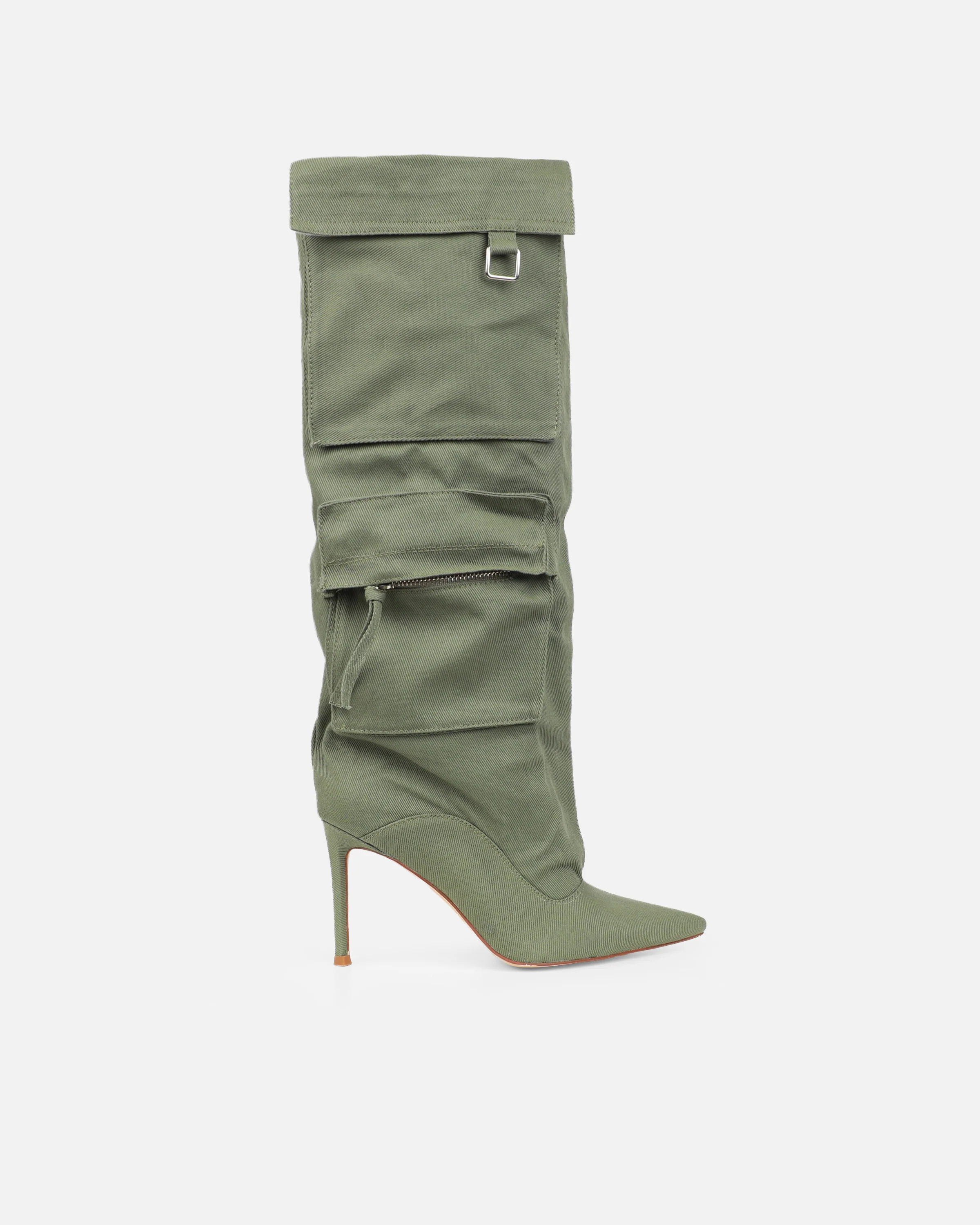 Stan Khaki Canvas Cargo Stiletto Boots - Image 2