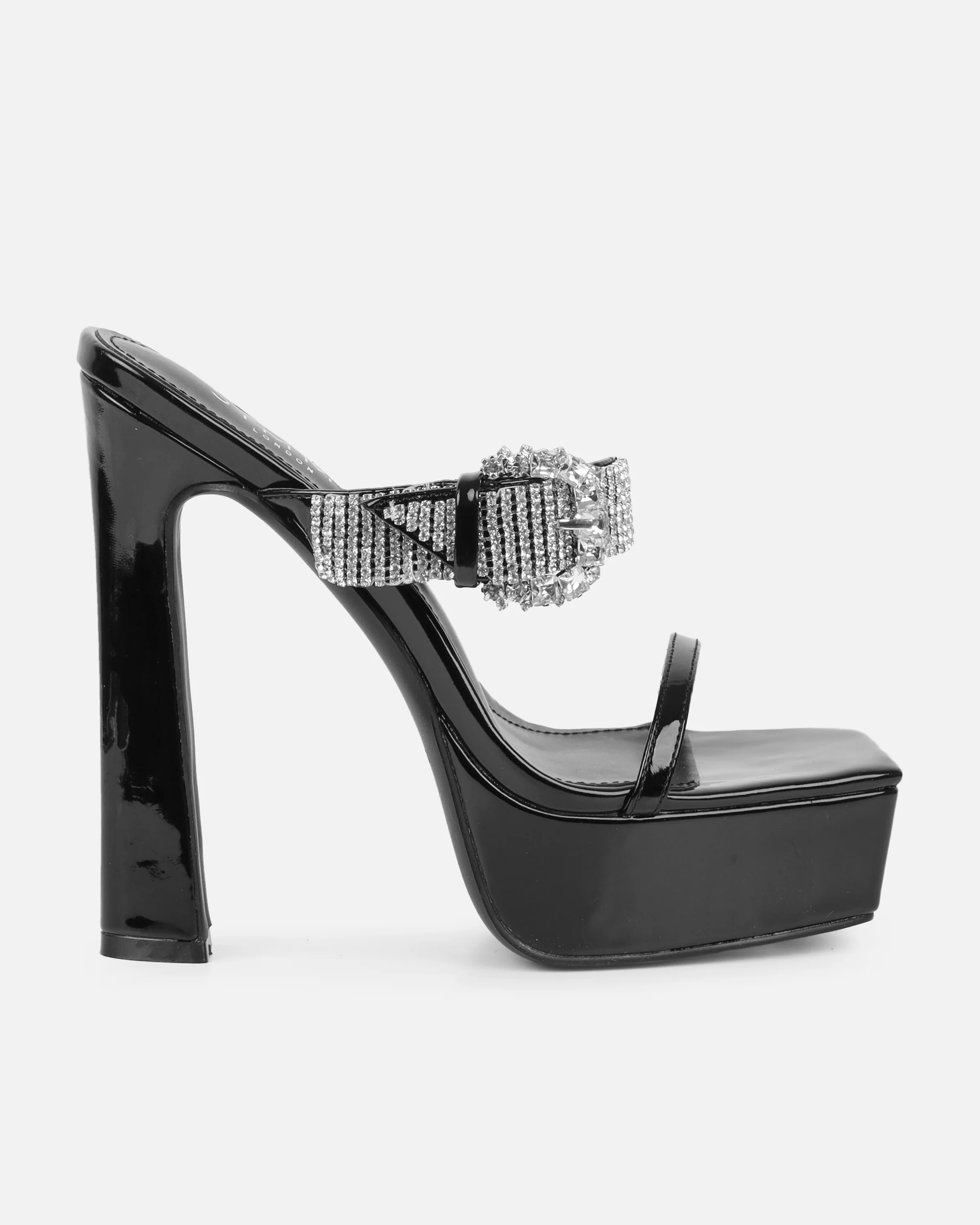Syd Black Patent Diamante Buckle Platform Mules - Image 2